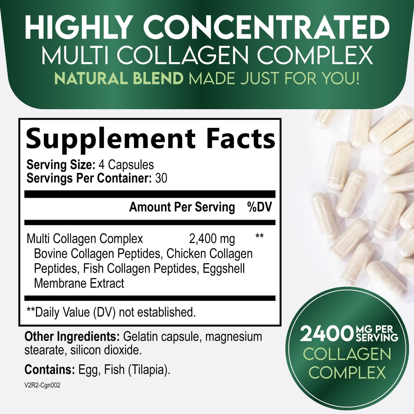 Nature's Nutrition Multi Collagen Capsules Hydrolyzed Collagen Peptides for Women & Men, Types I, II, III, V, X, Hair, Skin & Nails Support, Bottled in the USA, 120 Capsules