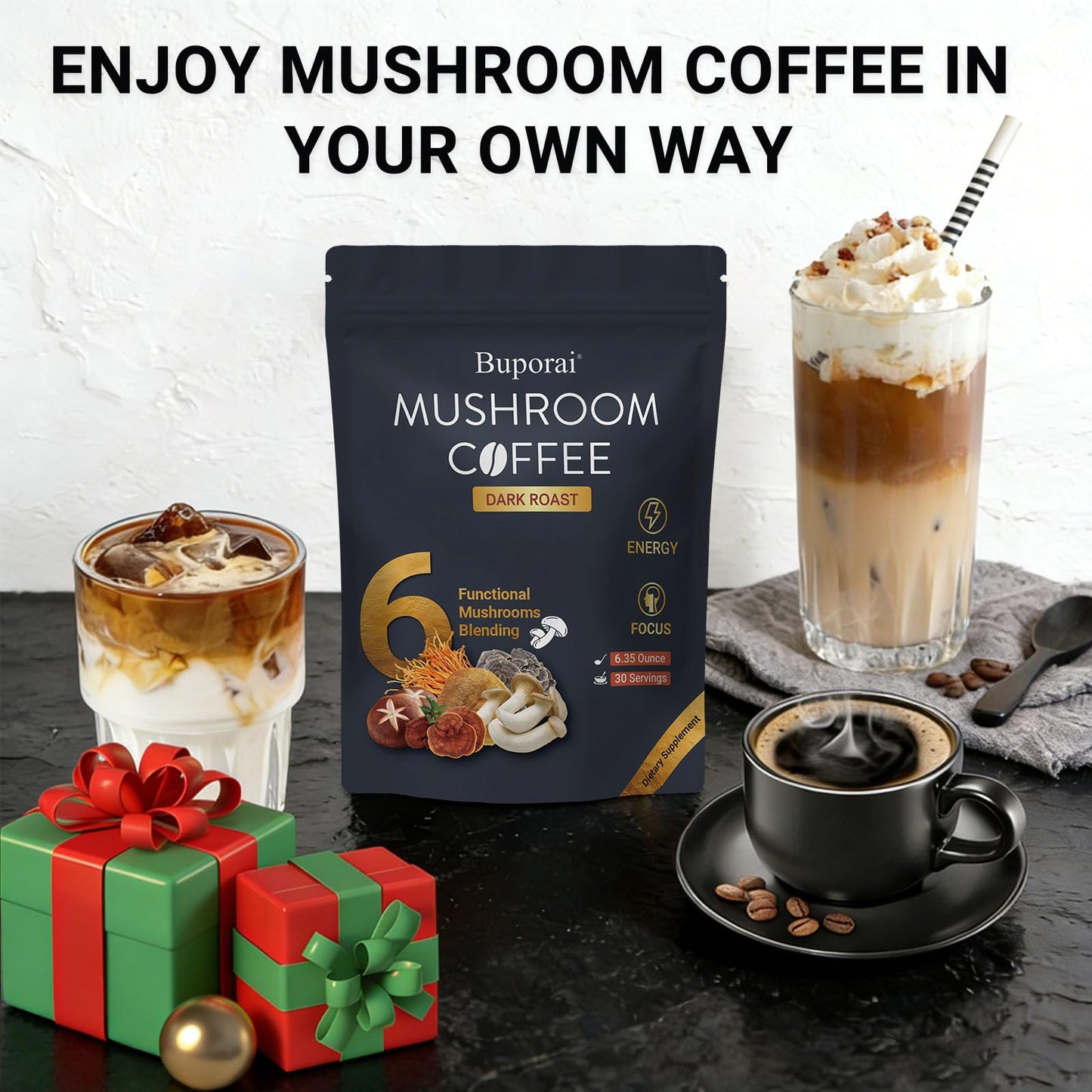 Buporai Mushroom Coffee Dark Roast Instant Powder with 6 Mushrooms Lion’s Mane, Cordyceps, Turkey Tail for Energy, Focus, Digestion, Immunity 6.35 oz