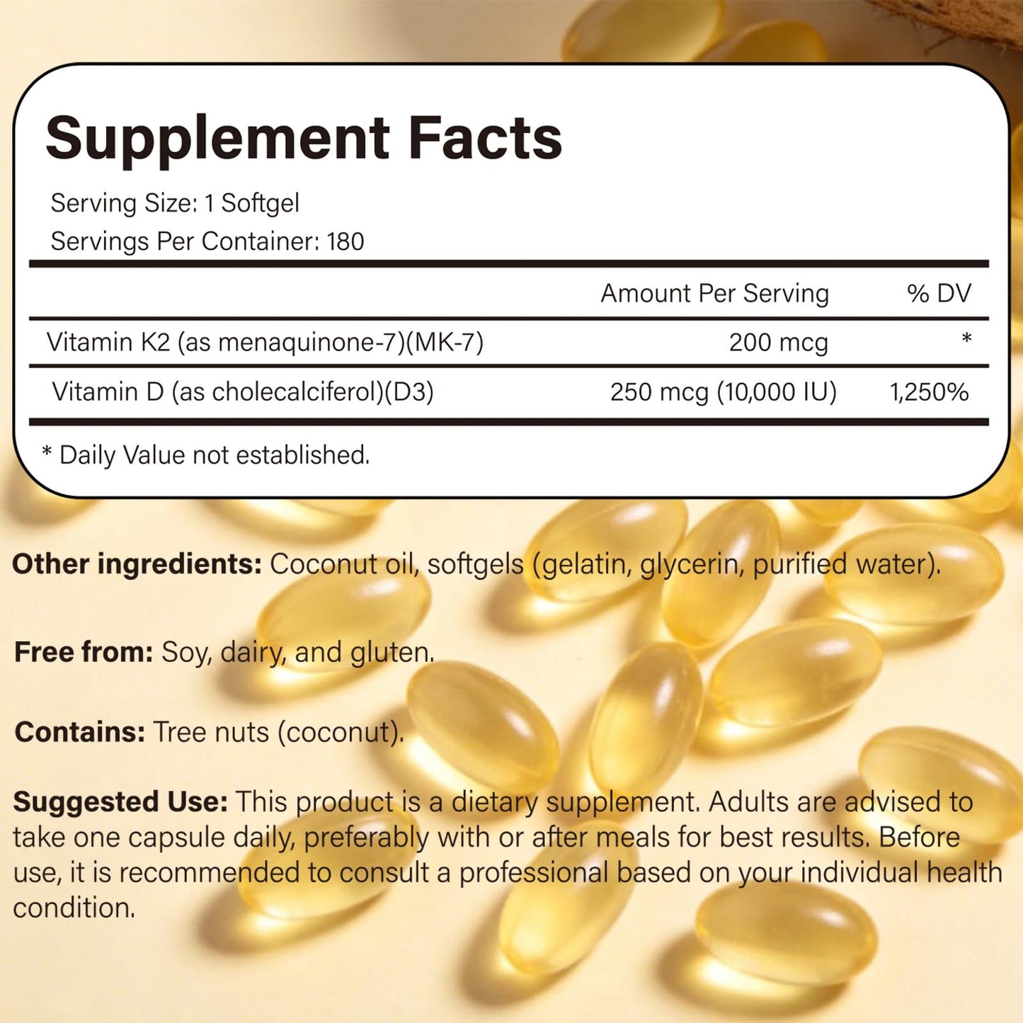 ZYGCDZ Vitamin D3 10000 IU with K2 MK-7 200 mcg Softgels 180 Count