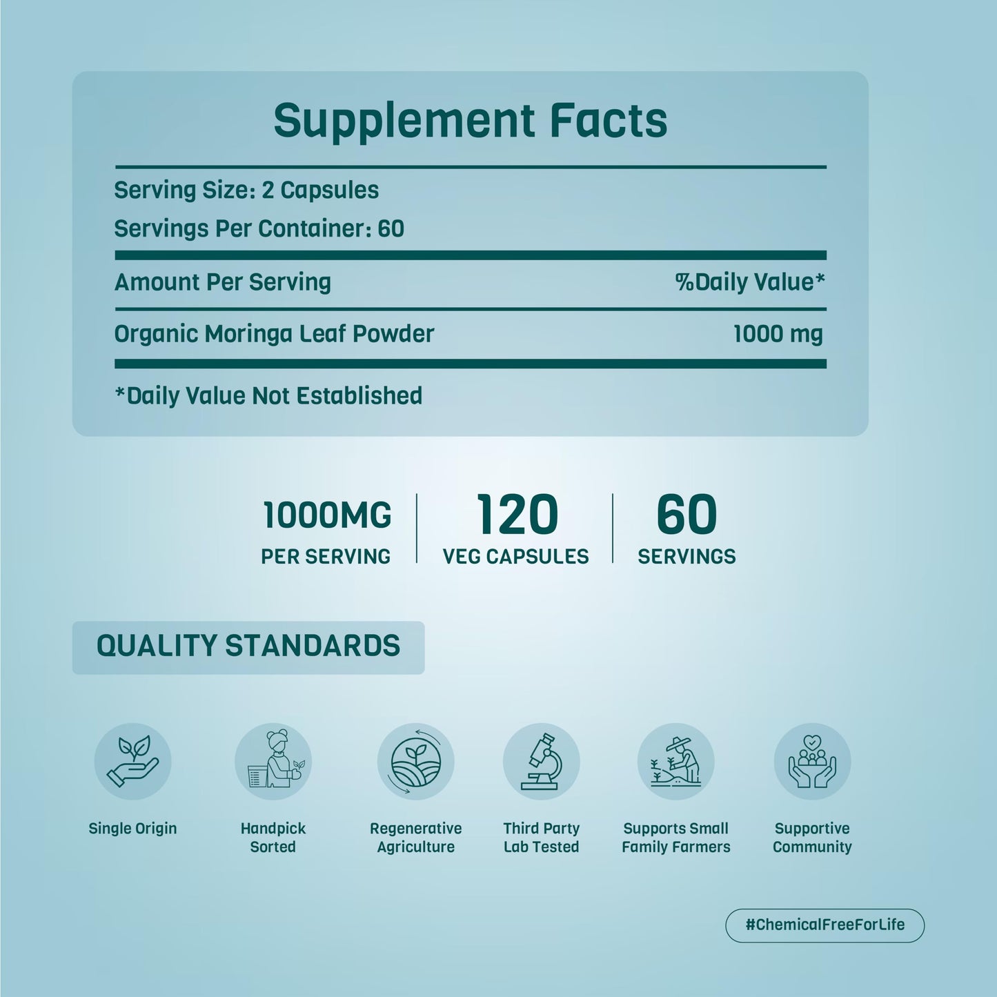 PADMURA Organic Moringa Oleifera Leaf Powder Capsules 1000mg, 120 Capsules