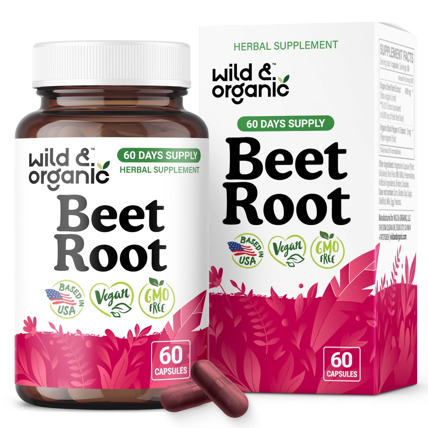 Wild & Organic Beet Root Capsules with Black Pepper Extract - Energy Support, Non-GMO, 60 Count