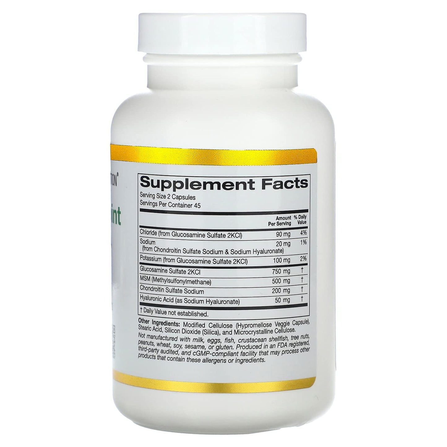 California Gold Nutrition Vegetarian Glucosamine, Chondroitin, Hyaluronic Acid, MSM, Total Veggie Joint & Bone Support Formula, 90 Capsules
