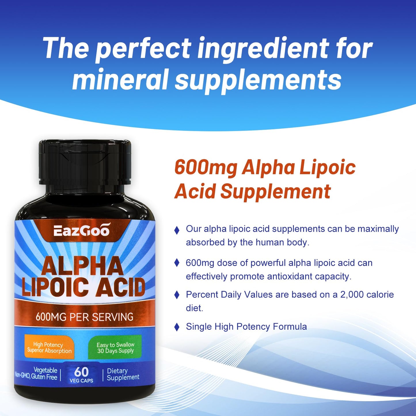 EAZGOO Alpha Lipoic Acid Capsule, 600mg Per Serving, 120 Capsules
