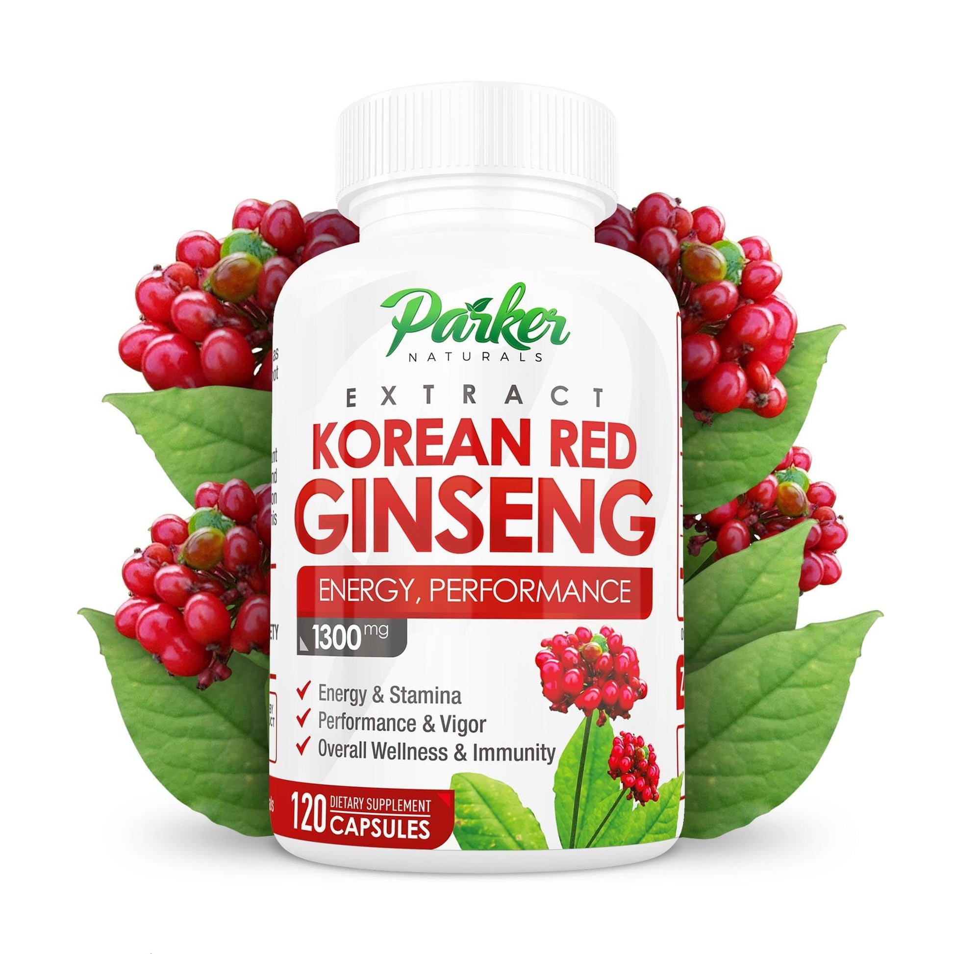 Parker Naturals Korean Red Ginseng Extract 1300mg with Ginger Root and Black Pepper, 20% Ginsenosides Red Panax Ginseng Supplement, Capsules, 120 Count