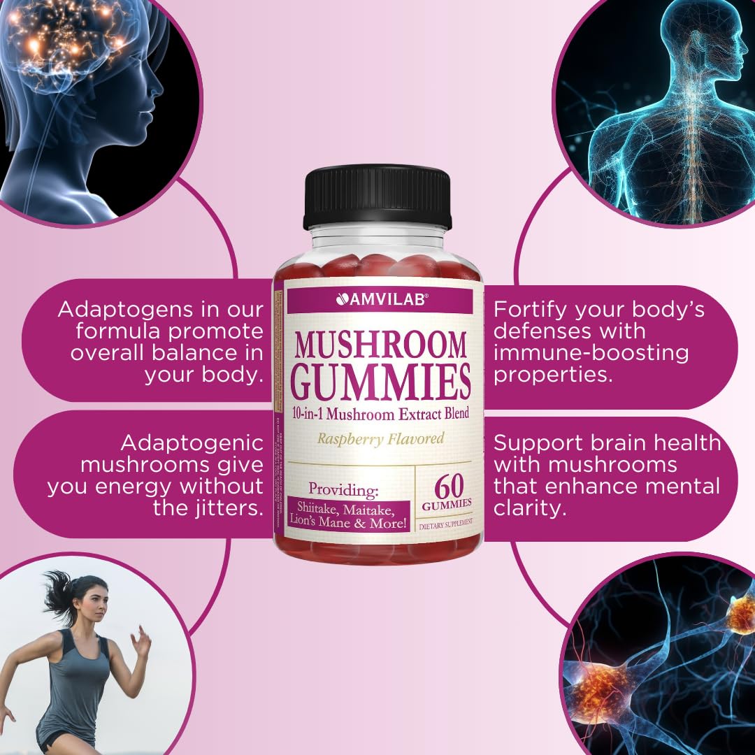 AMVILAB Mushroom Gummies Supplement – 10-in-1 Mushroom Extract Blend with Lion’s Mane, Shiitake, Maitake & Morel – Brain, Focus & Immune Support – Raspberry Flavor, 60 Gummies