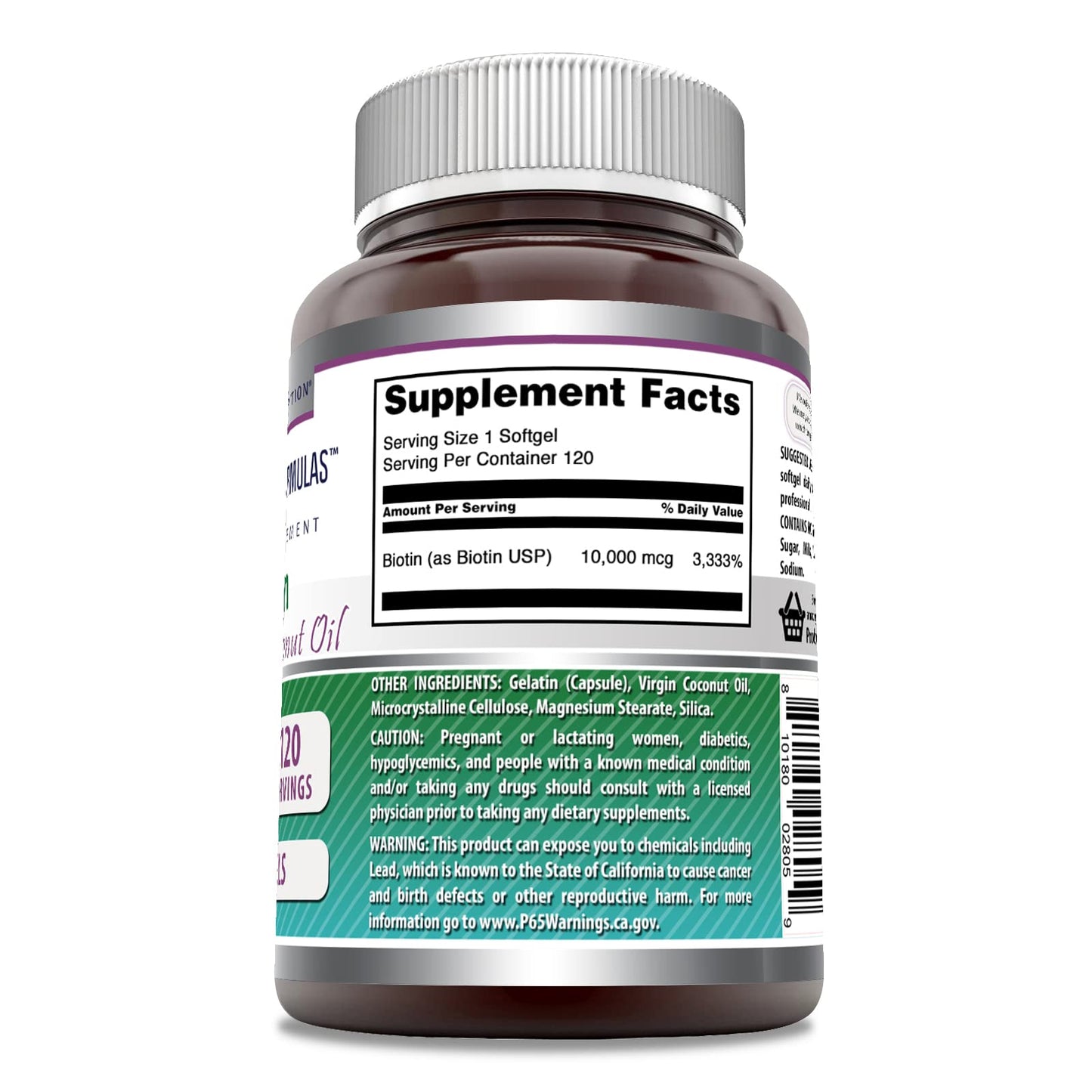 Amazing Nutrition Biotin with Extra Virgin Organic Coconut Oil Softgels, 120 Softgels