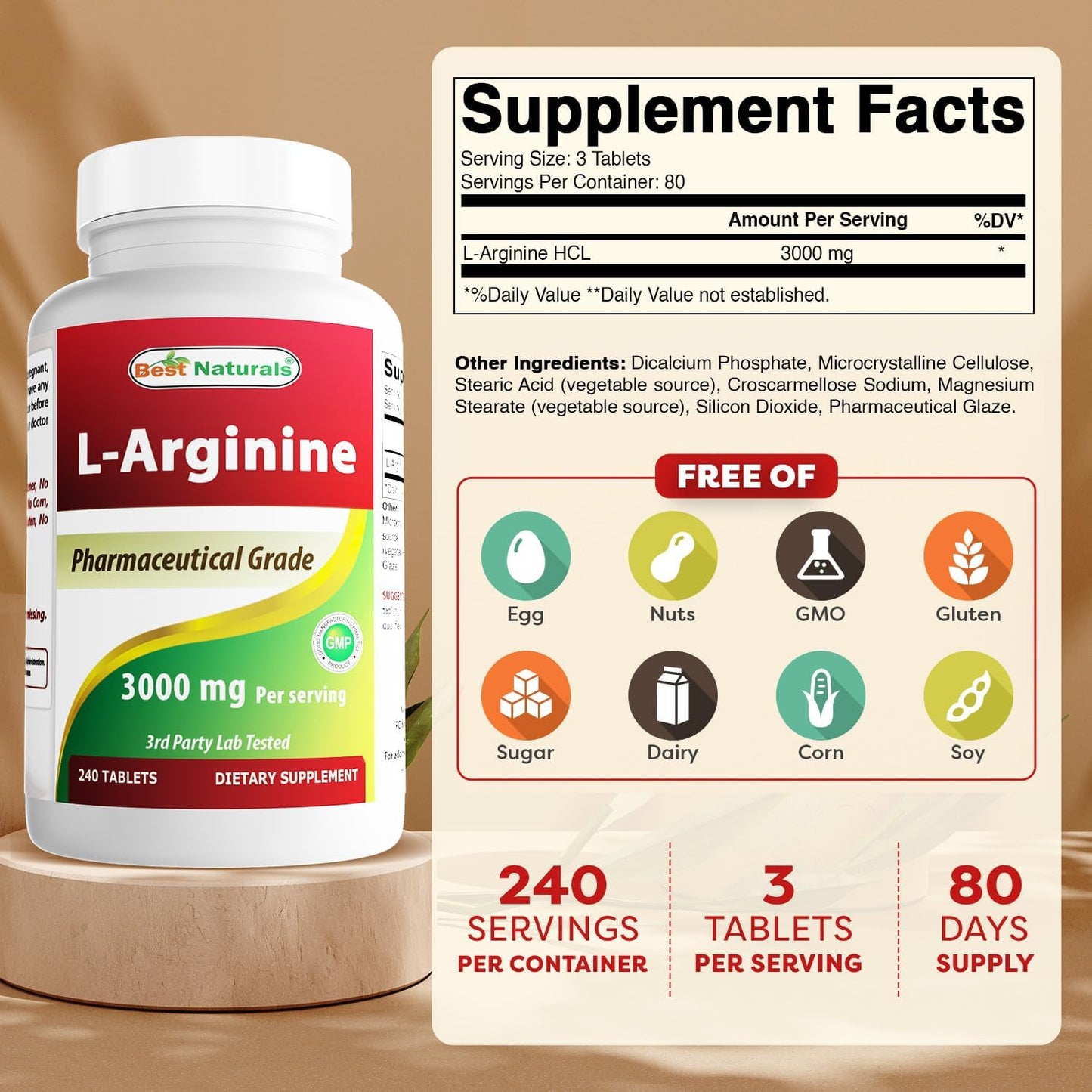 Best Naturals L-Arginine 3000mg Per Serving Tablet 240 Tablets