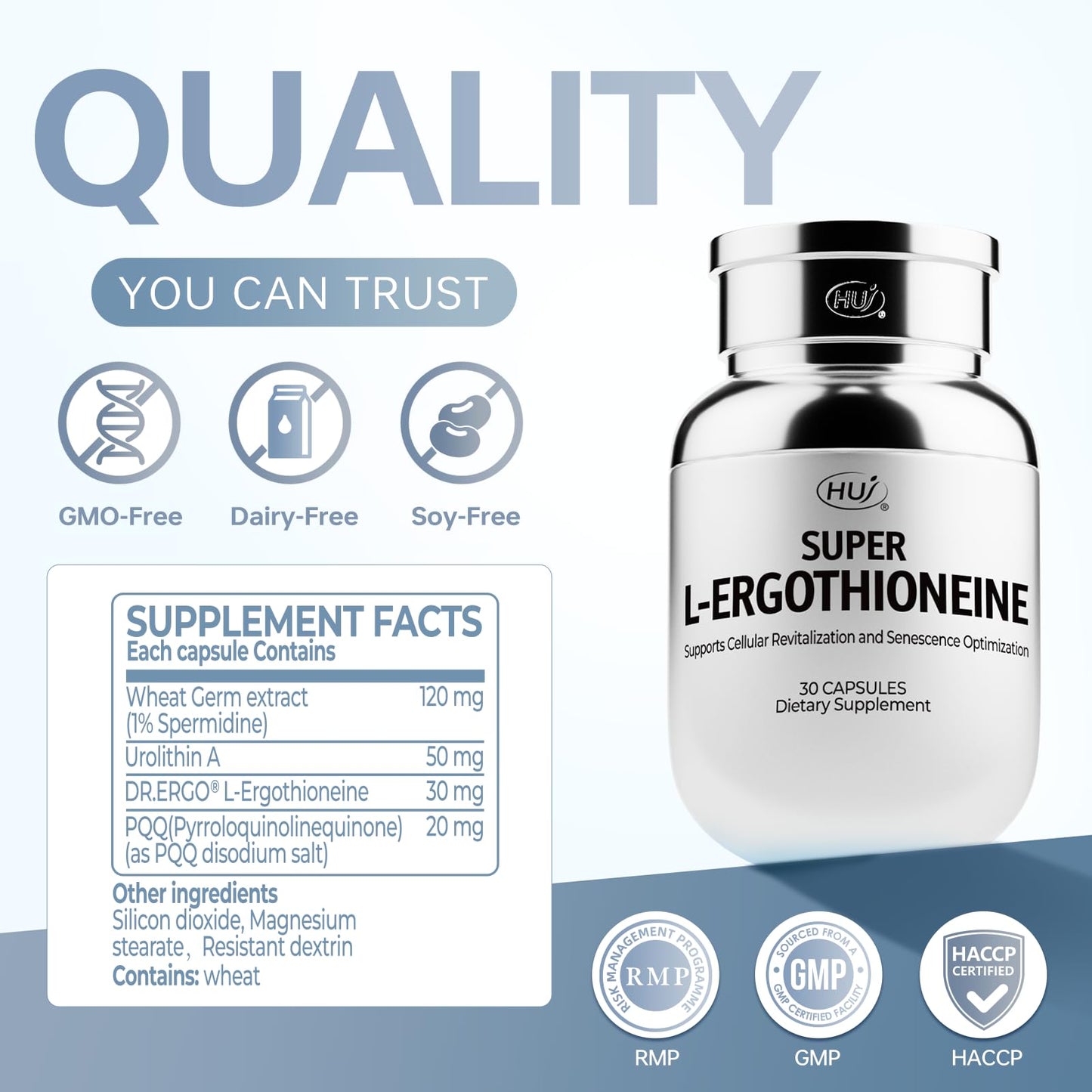 HUJ Super L-ergothioneine 30mg(EGT)/Serving - Premium Complex with PQQ, Urolithin A & Wheat Germ Extract - Support Normal Cellular Health Maintenance and Normal Healthy Aging, 30 Capsules