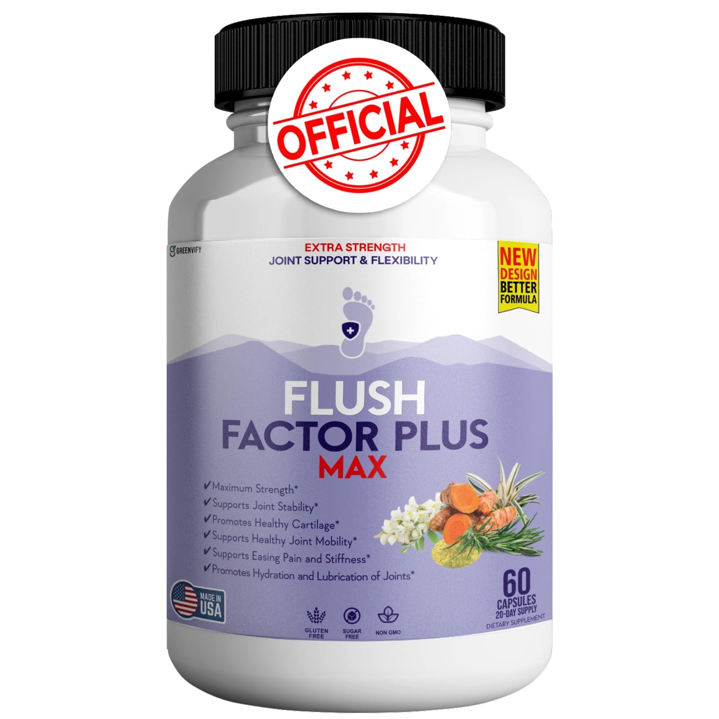 GREENVIFY Flush Factor Plus Max Natural Joint Support Supplement Extra Strength Comfort Complex Capsules 60 Count