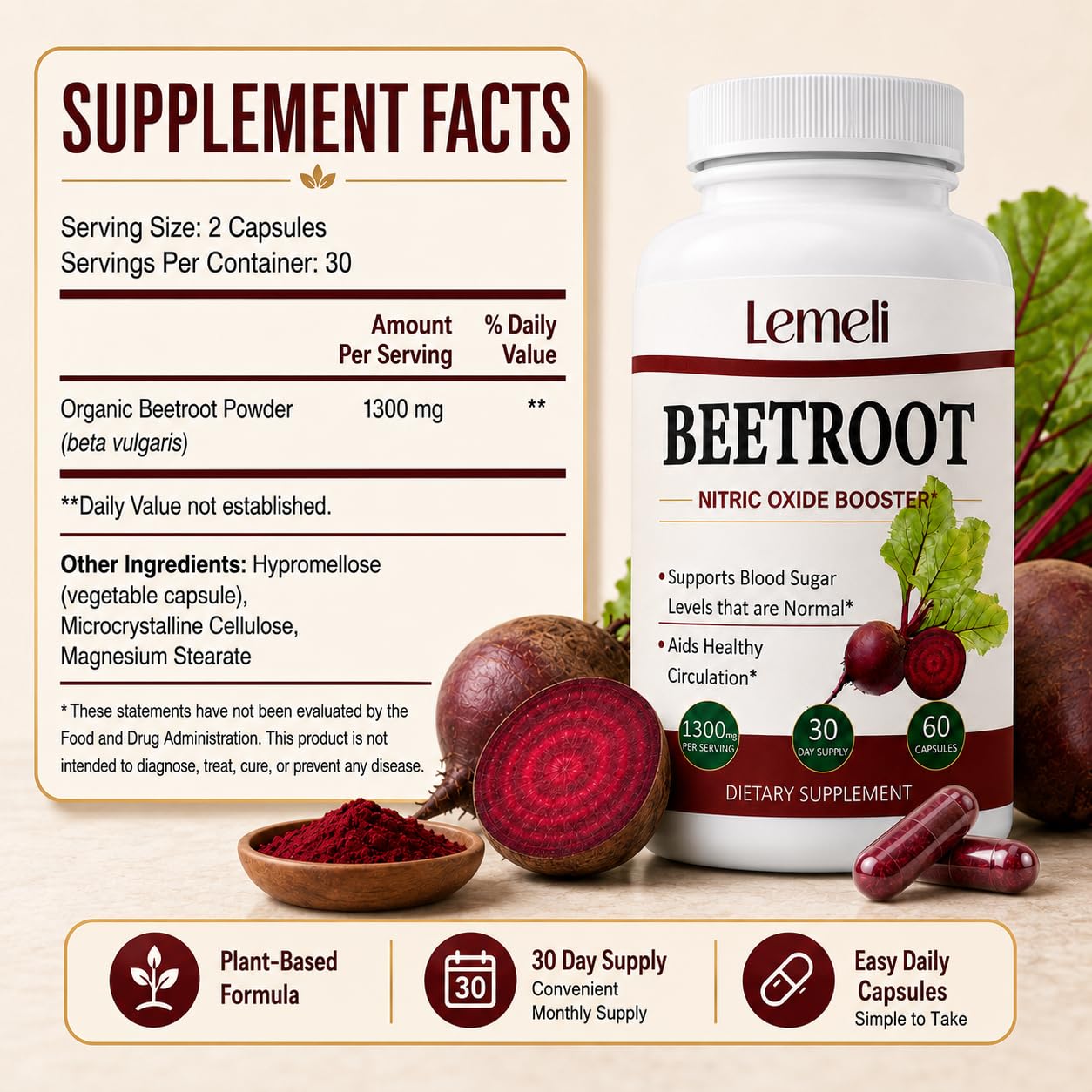 Lence Lemeli Beetroot 1300mg Capsules, 60 Count
