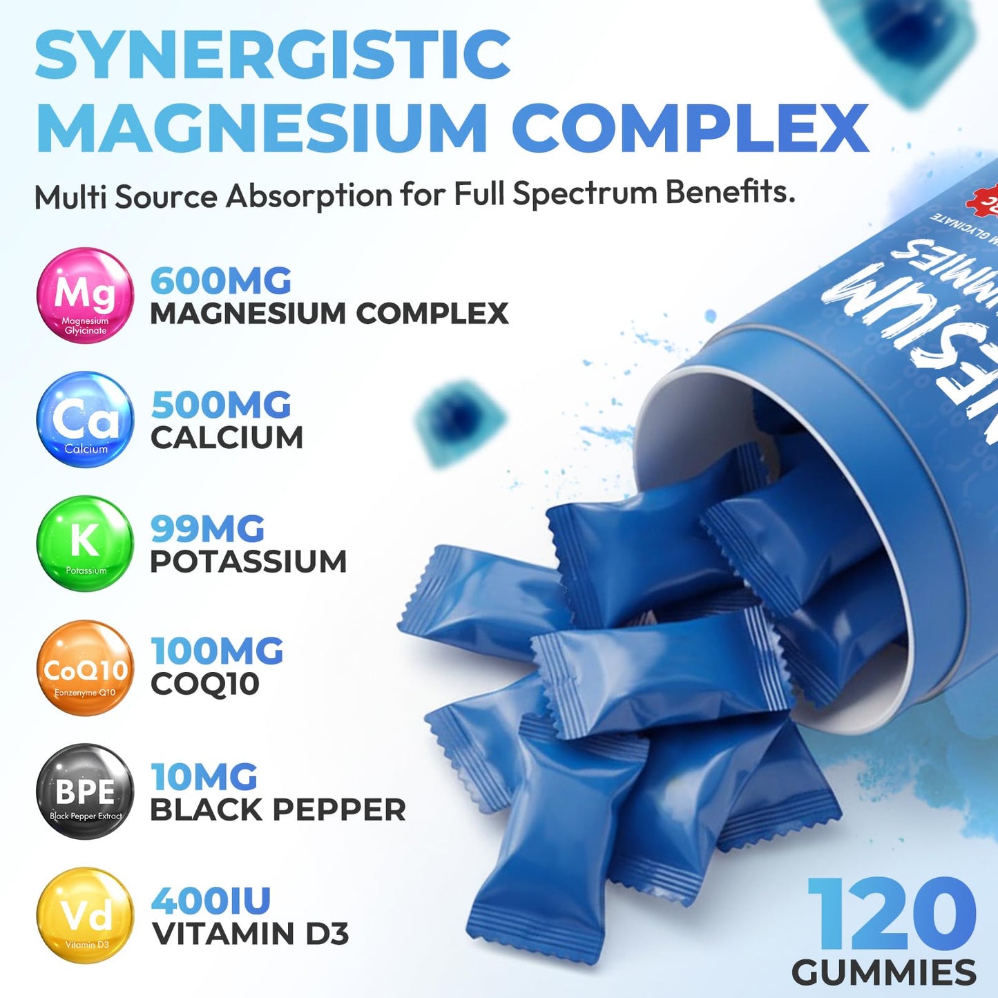 Xytora Magnesium Glycinate Gummies 600mg, Relax Support Magnesium, Blueberry, 120 Gummies
