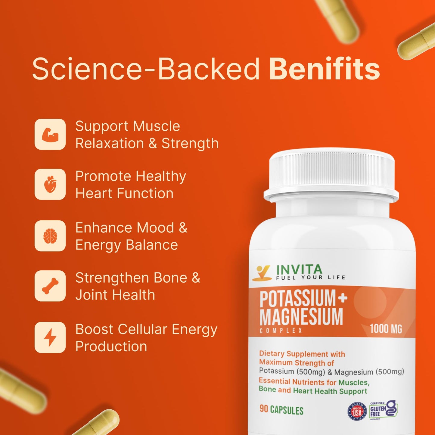 INVITA Potassium Magnesium Complex 1000 MG for Leg & Muscle Support Capsules 90 Count