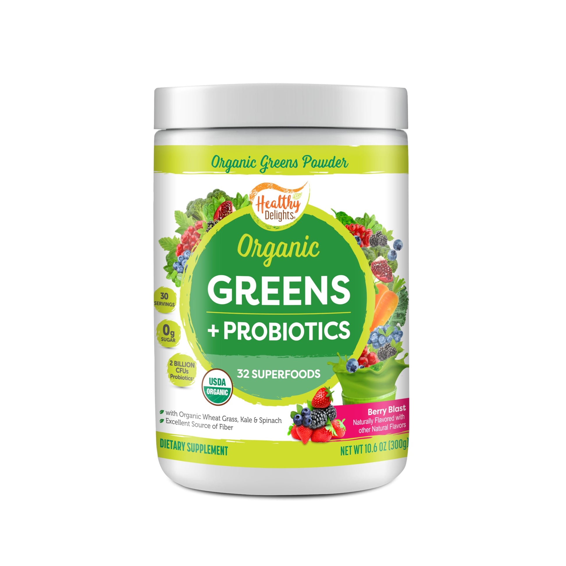 Healthy Delights Organic Greens + Probiotics Powder Berry Flavor, 10.5 Ounce