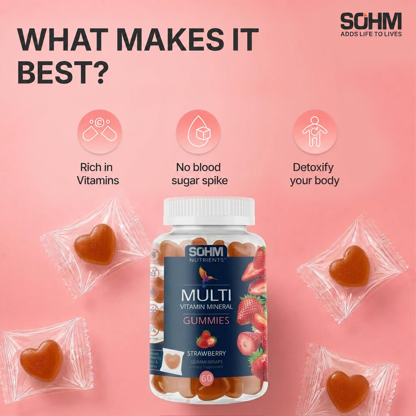 SOHM ADDS LIFE TO LIVES Multivitamin Gummies for Men & Women, Gummy, 60 Count