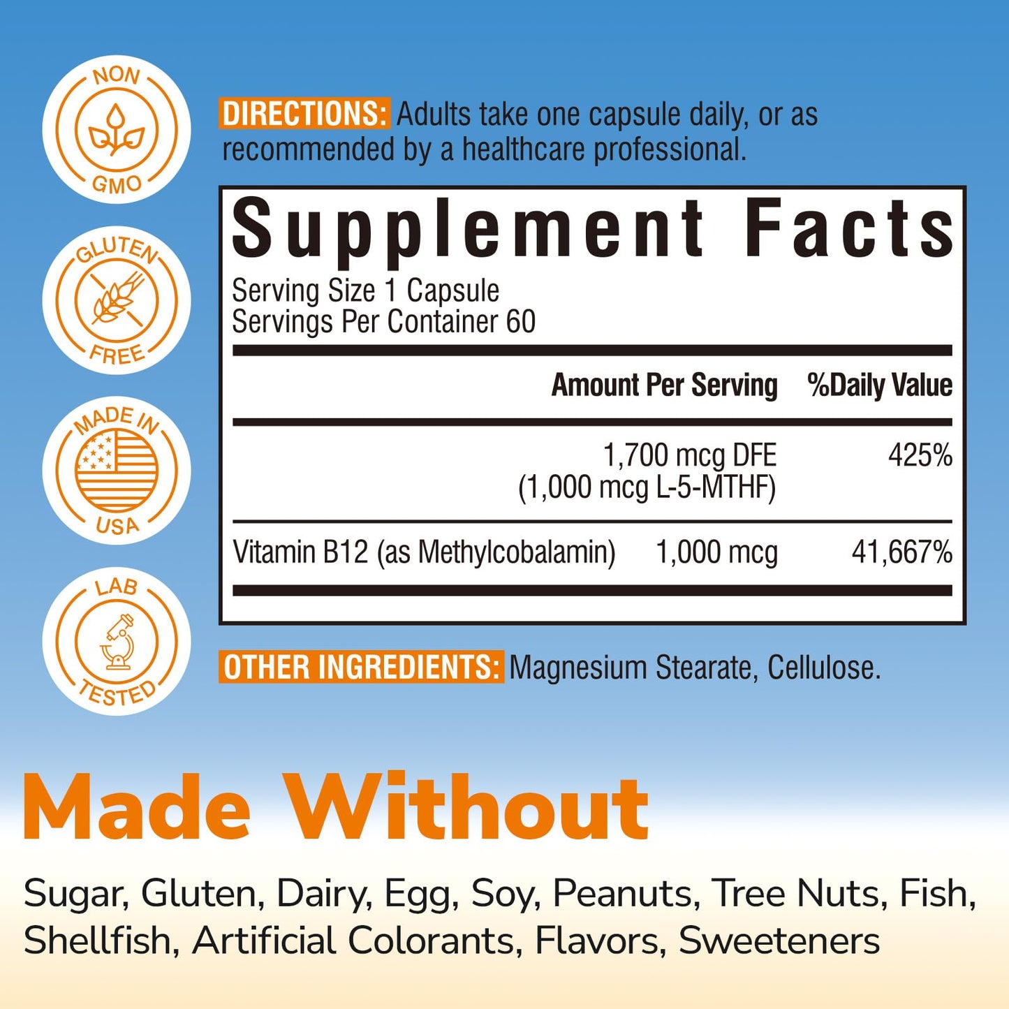 Vitalibre Methyl Folate 1000 mcg L-5-MTHF with Methylcobalamin B12 Capsules, 60 Count
