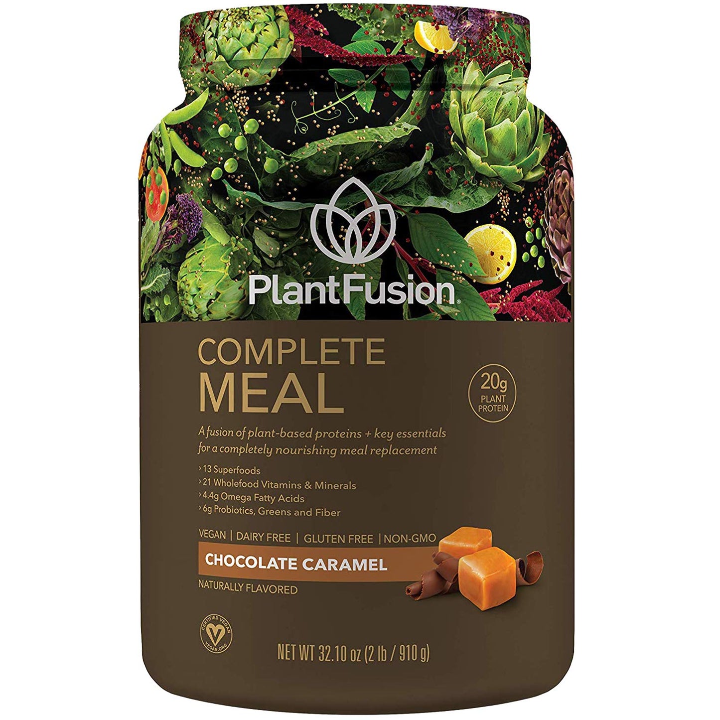 PlantFusion Complete Meal Replacement Shake Powder - Plant Based Protein Powder With Superfoods, Greens & Probiotics - Chocolate Caramel, Vegan, Gluten Free, Soy Free, Non-Dairy, No Sugar, Non-GMO - 31.75 oz