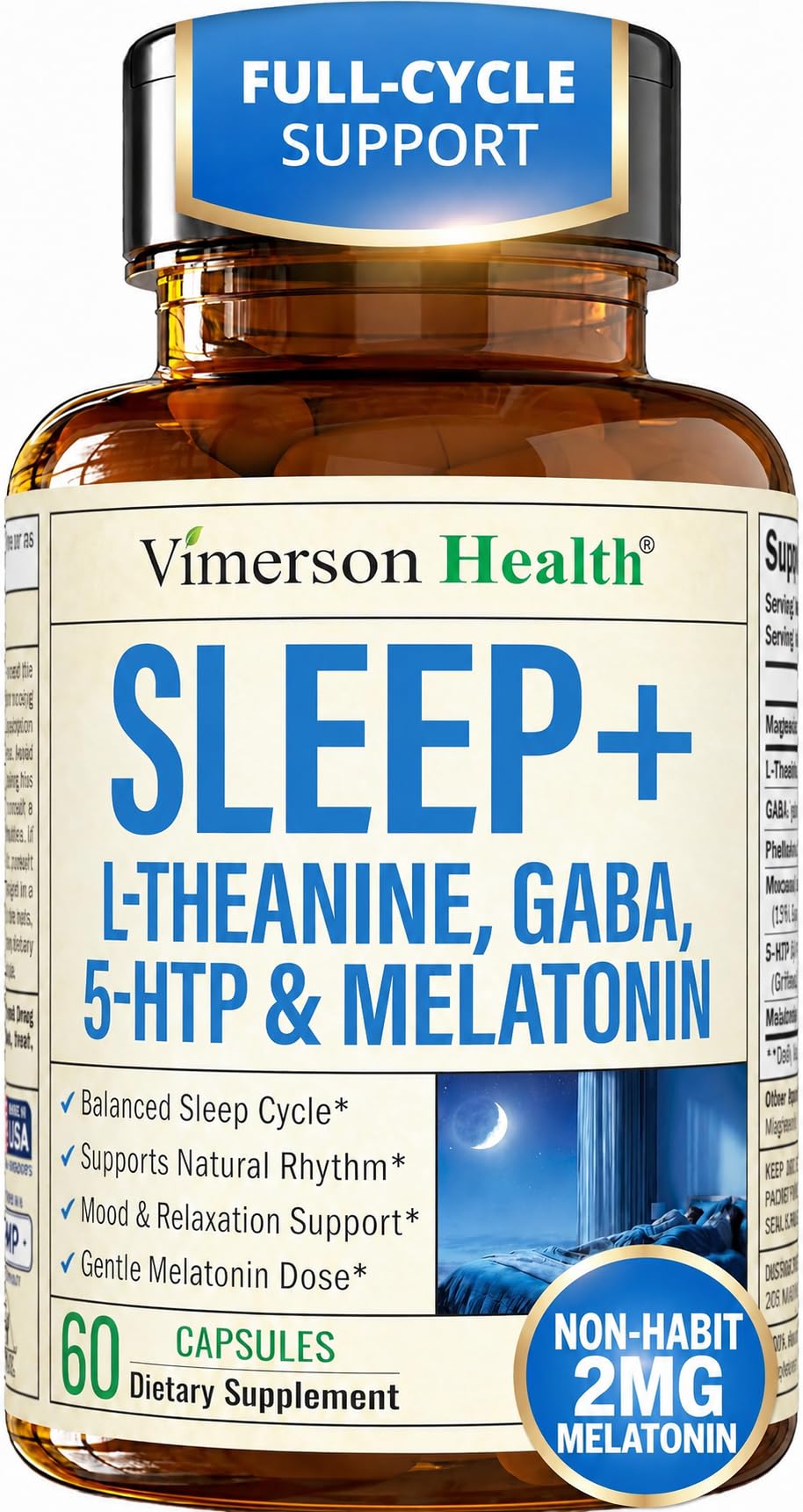 Vimerson Health Sleep Supplement with L-Theanine, Magnesium, GABA & Melatonin – Supports Restful Sleep & Relaxation, Helps Restore Natural Sleep Cycle – Balanced Formula, Non-Habit Forming, 60 Capsules
