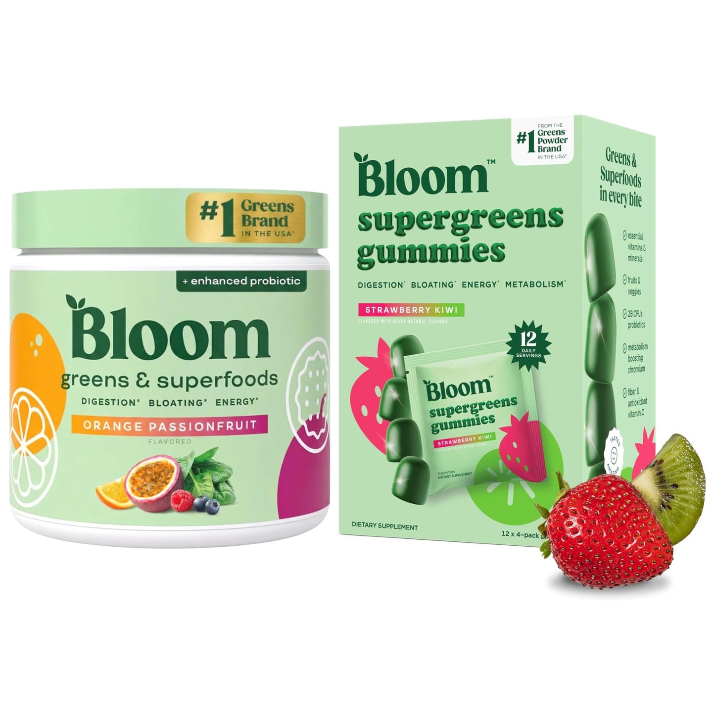 Bloom Nutrition Super Greens Gummies and Greens Powder Orange Passionfruit Bundle