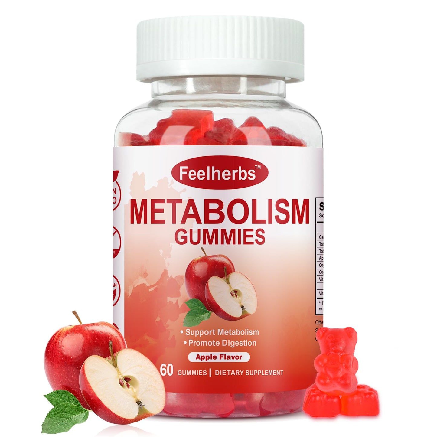 Feelherbs Metabolism Gummies for Women and Men Digestion & Energy, Apple Cider Vinegar Gummies with Vitamin B12 & Beet Root, 60 Gummies
