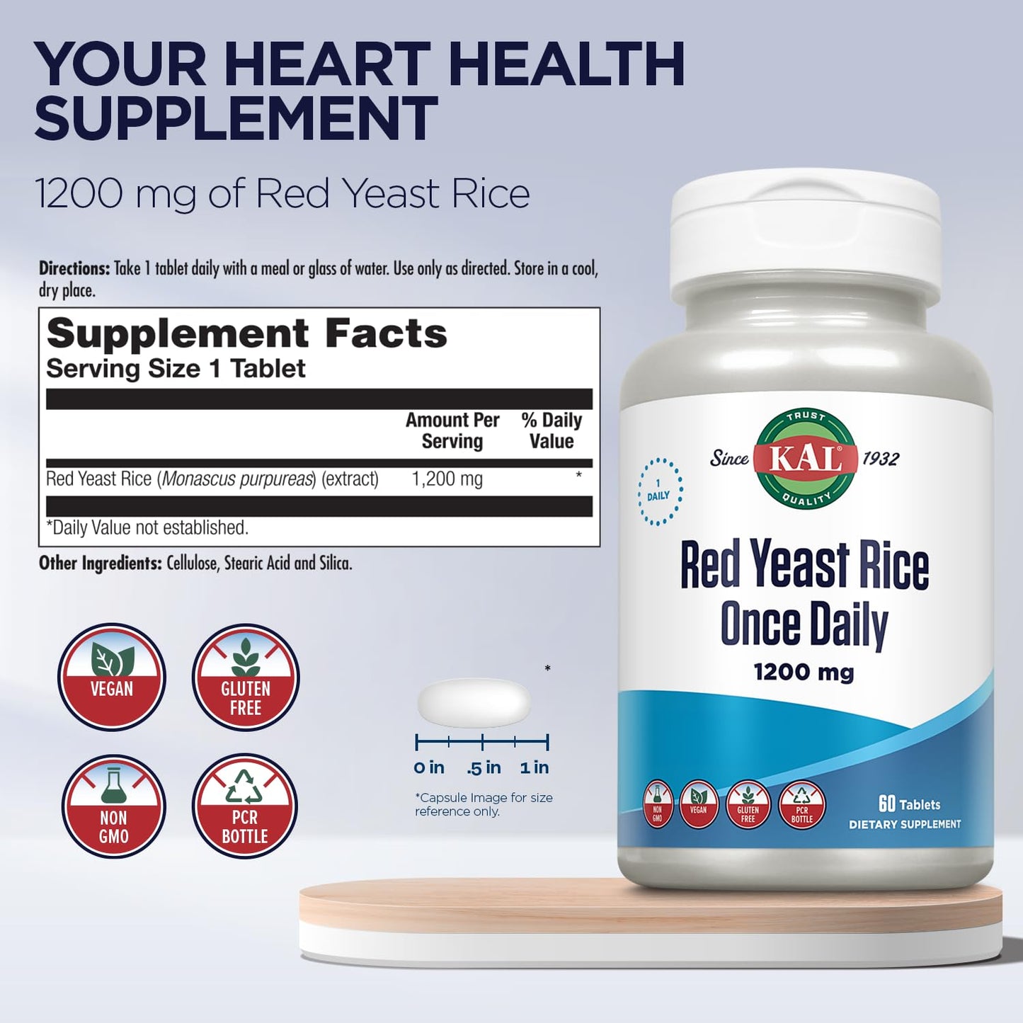 KAL Once Daily Red Yeast Rice Tablets, 60 Count