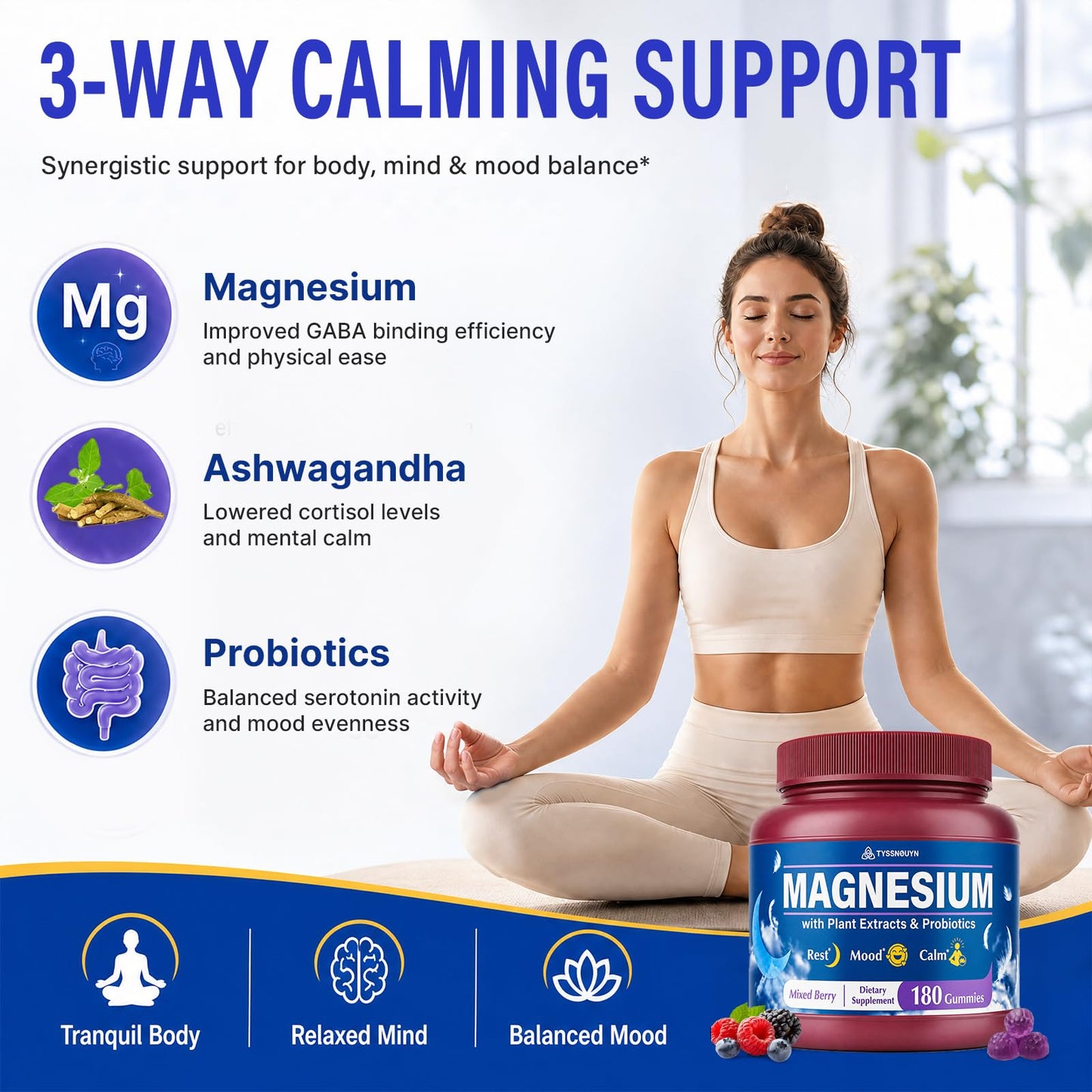 Tyssnouyn Magnesium Glycinate Gummies 500mg with Ashwagandha, Probiotics, B6, D3, Zinc, 180 Count