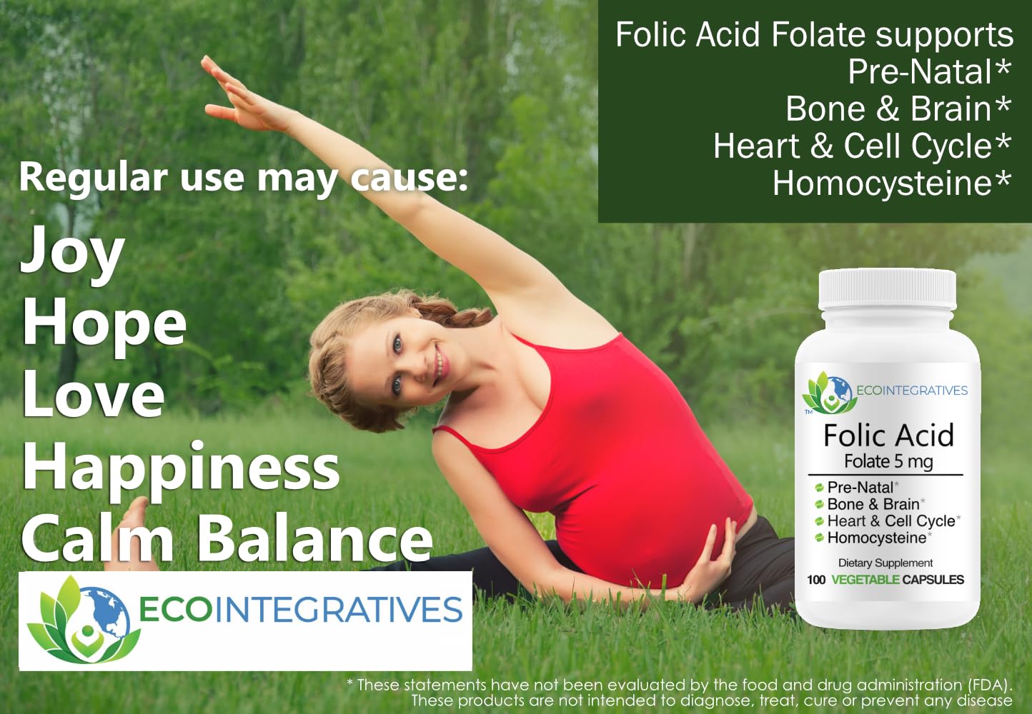 EcoIntegratives Folic Acid Folate 5mg (B9) Prenatal, Reproductive Health, Homocysteine, Metabolism, Cardiovascular, Bone, Immune Support, Allergen Free, Non GMO, 100 Capsules