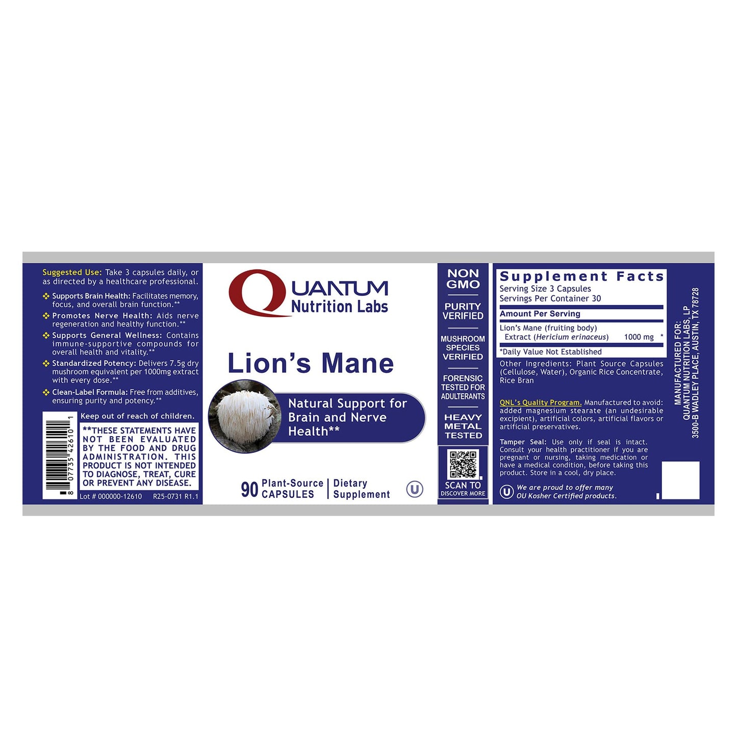 Quantum Nutrition Lion's Mane Mushroom Supplement Capsules, 90 Count