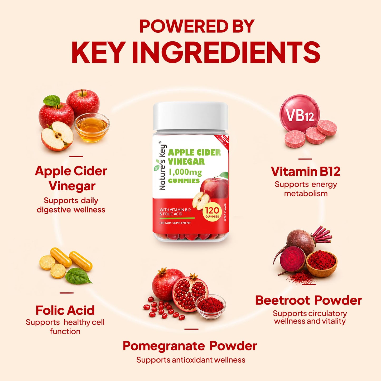 Nature's Key Apple Cider Vinegar Gummies - 1000mg ACV, 120 Gummies