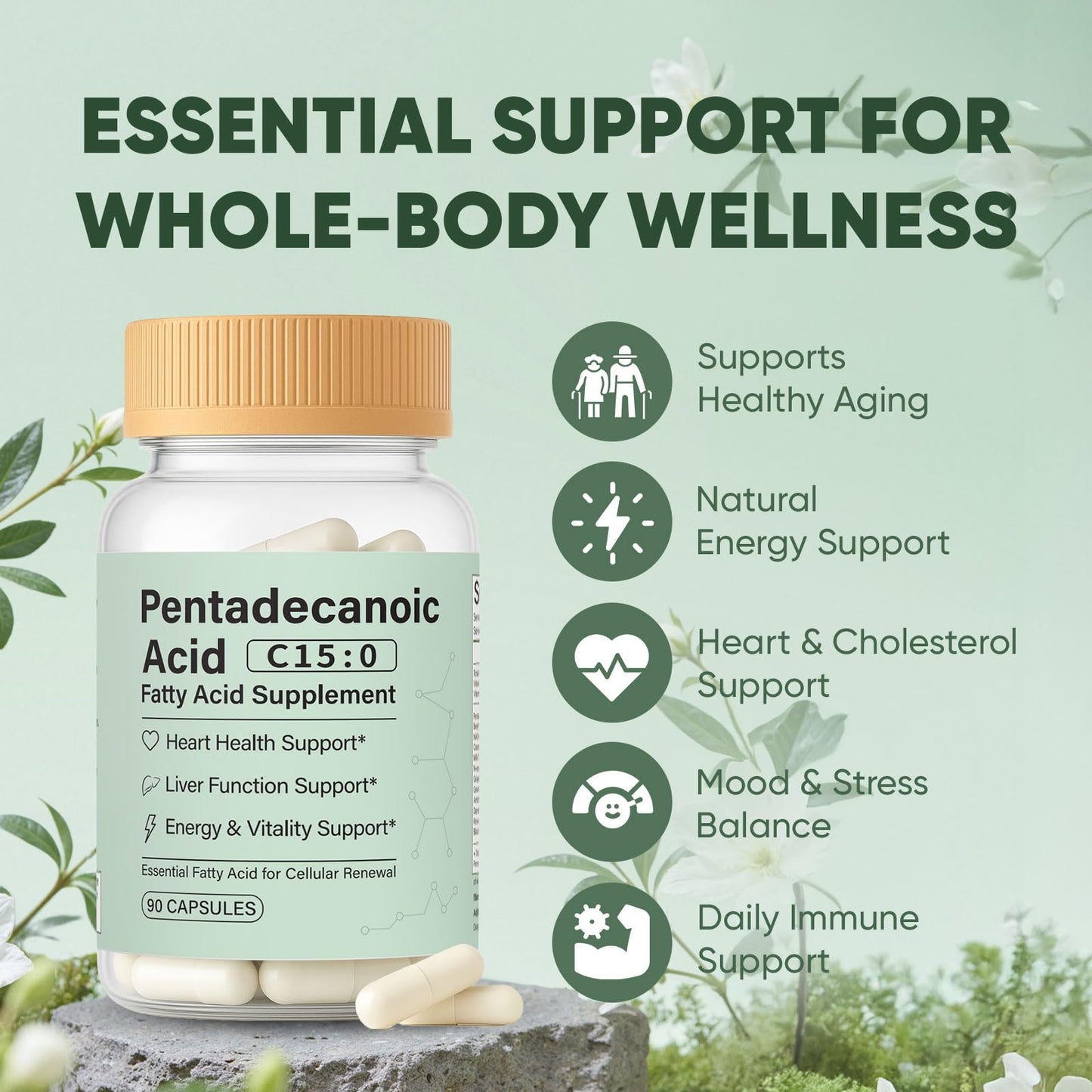 minyang Pentadecanoic Acid Capsules, C15:0 Fatty Acid Supplement – Pure Plant-Based Essential Fatty Acid, 90 Capsules