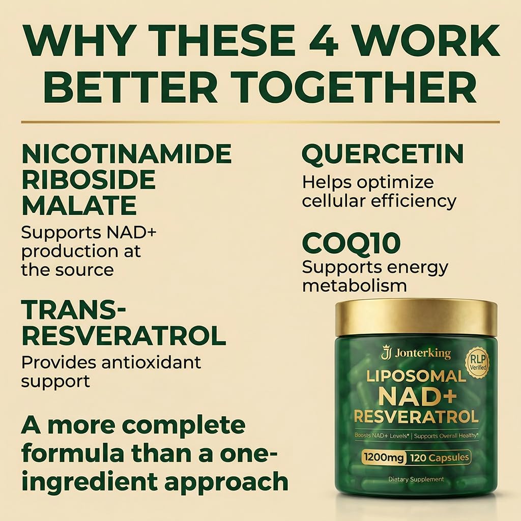JonterKing NAD+ Supplement Capsule, 1200mg Per Serving, Nicotinamide Riboside Malate with Trans-Resveratrol, Quercetin & CoQ10, 120 Veggie Capsules