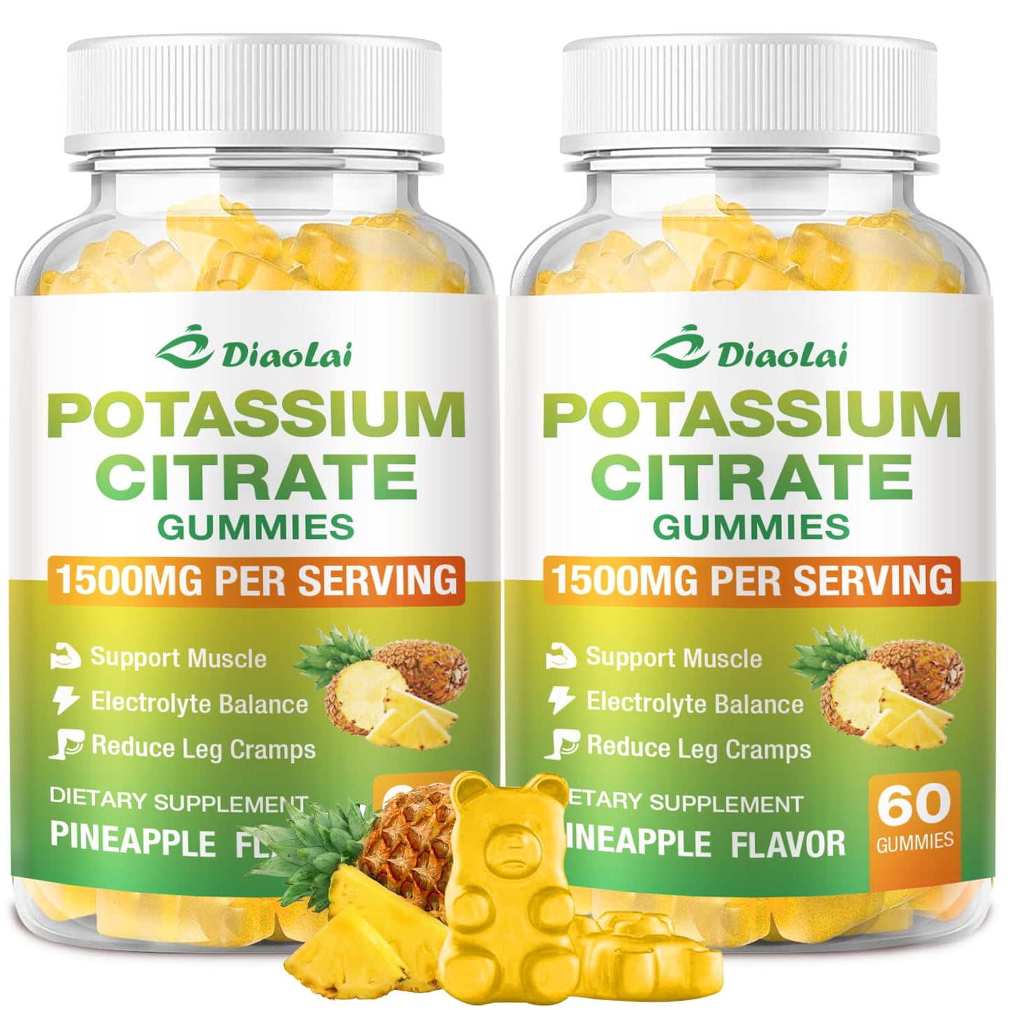 DIAOLAI Potassium Citrate 1500mg Gummies, Potassium Supplement for Women & Men, Supports Leg Cramp Relief & Muscle Health, Vegan, Pineapple Flavor (120 Count)