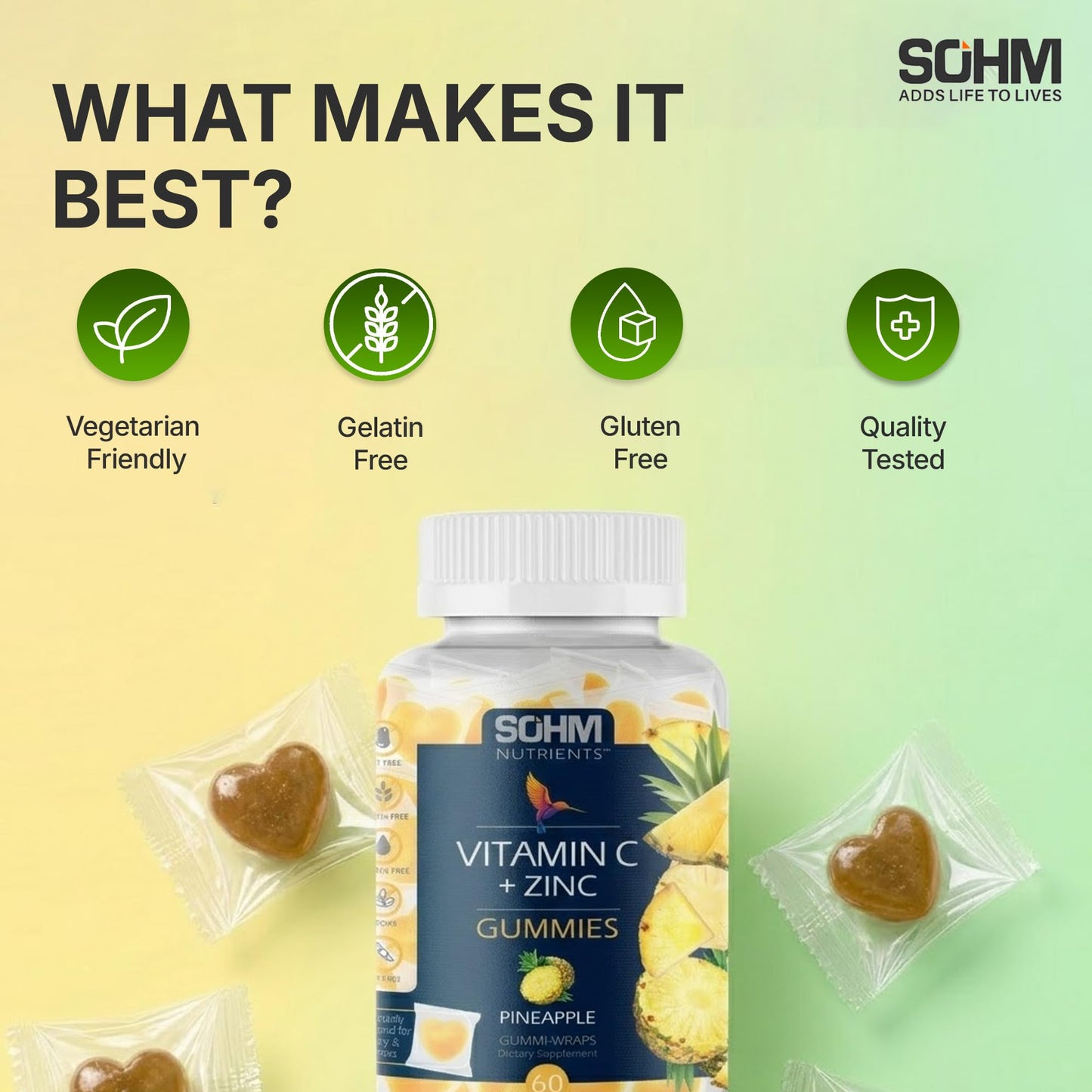 SOHM ADDS LIFE TO LIVES Vitamin C 60000 mcg + Zinc 15000 mcg Gummies for Adults, 60 Count