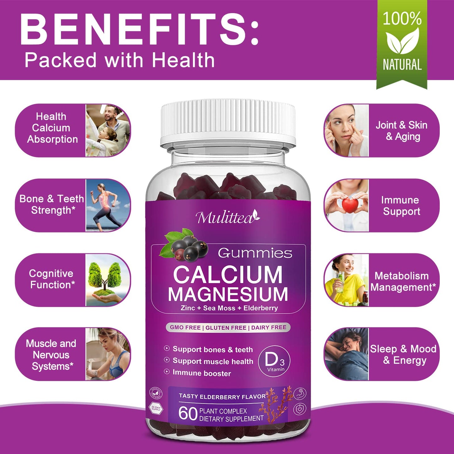 Calcium Magnesium Zinc Gummies with High Absorption Magnesium Glycinate, Potassium -Plant Calcium Supplement w/ D3 & Sea Moss for Bone, Muscles, Calm Mood & Sleep Support- Kids & Adults (2 Pack)
