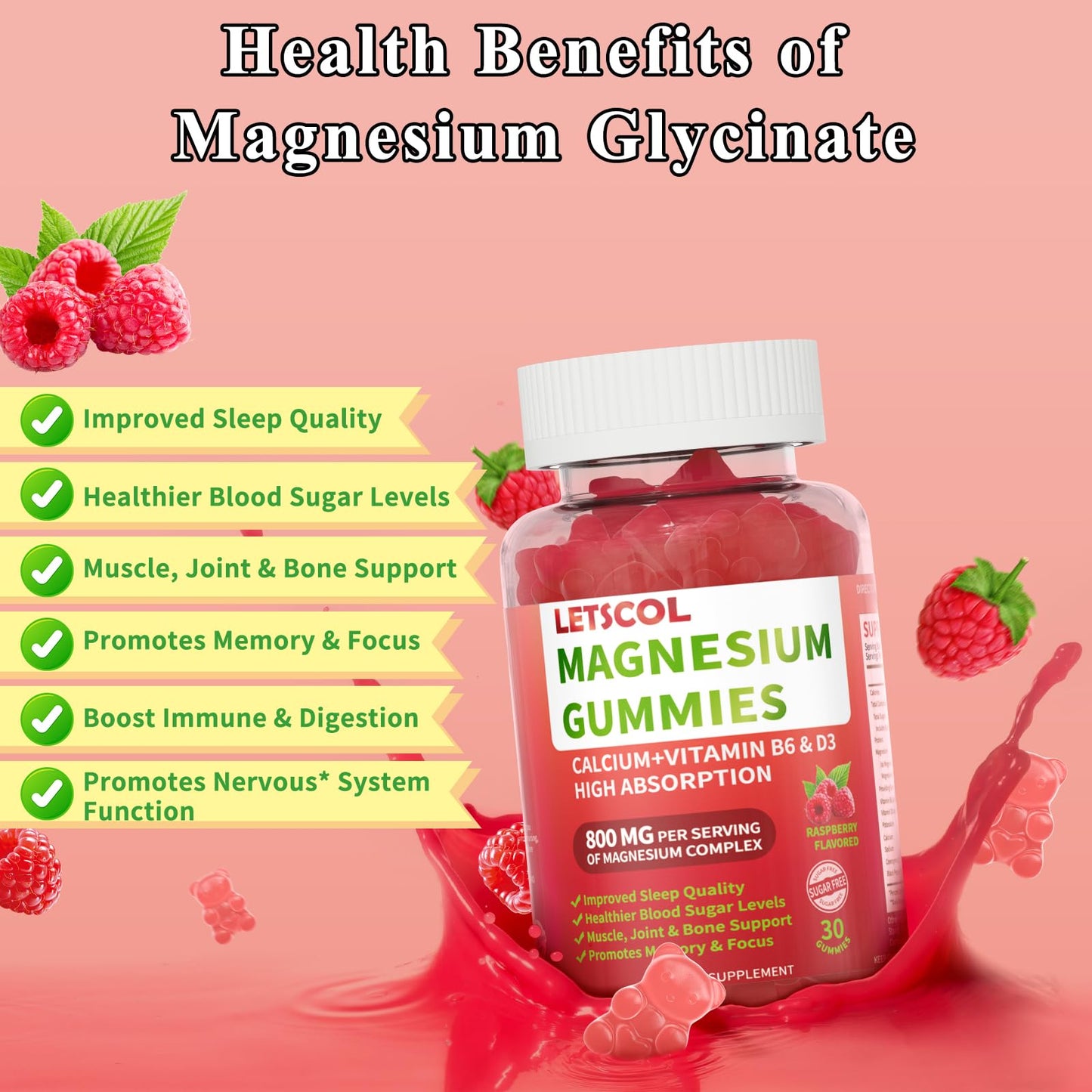 LETSCOL Magnesium Glycinate Gummies 800mg Per Serving, 30 Count