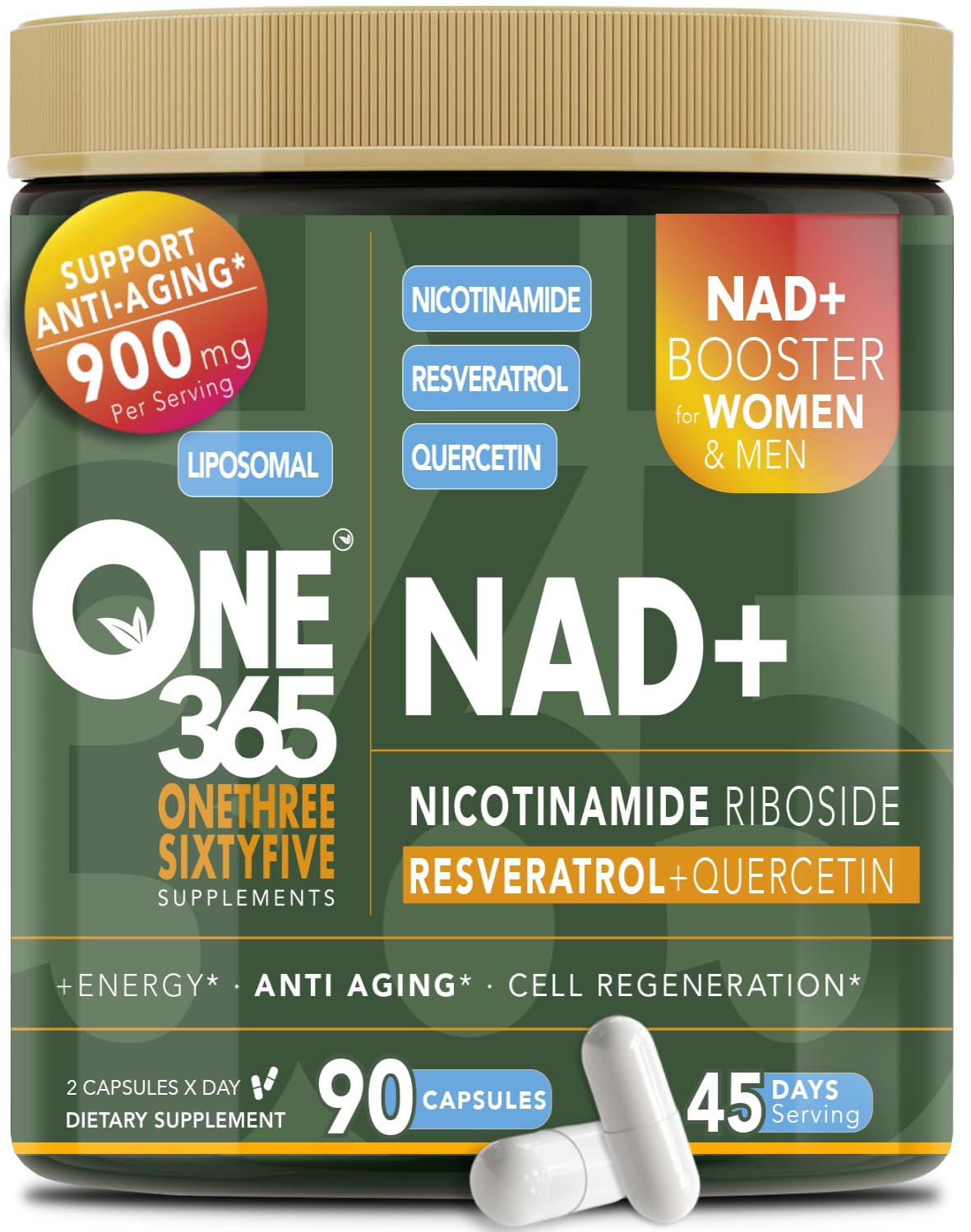 ONE 365 NAD+ Supplement Liposomal Nicotinamide Riboside Resveratrol Quercetin Anti-Aging Antioxidant NAD+ Booster Capsules 90 Count