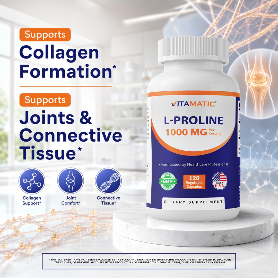 Vitamatic L-Proline 1000 mg Per Serving Free Form Amino Acid Supplement, Vegetarian Capsules, Non-GMO, Gluten Free, Made in USA, 120 Count
