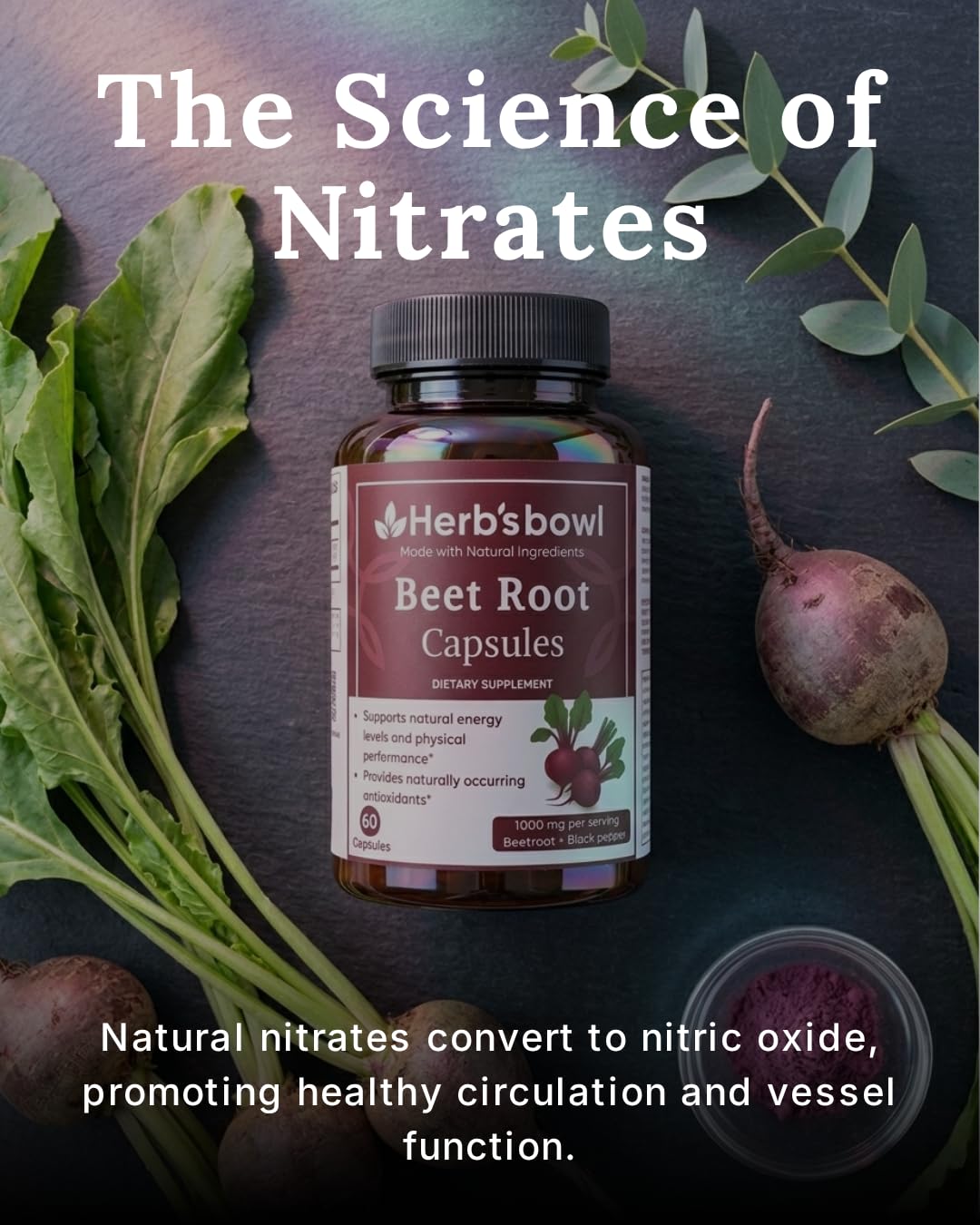 Herb'sbowl Beet Root Capsules, 1000 mg per Serving, with Black Pepper, Natural Energy Support, 60 Capsules