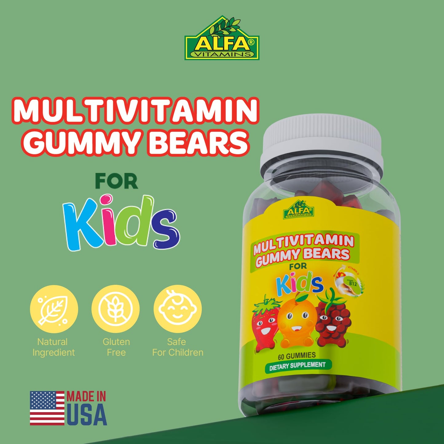ALFA VITAMINS Multivitamin Gummy Bears for Kids with 13 Essential Nutrients Including Vitamin C, Vitamin D3, and Vitamin B12, 1 Count
