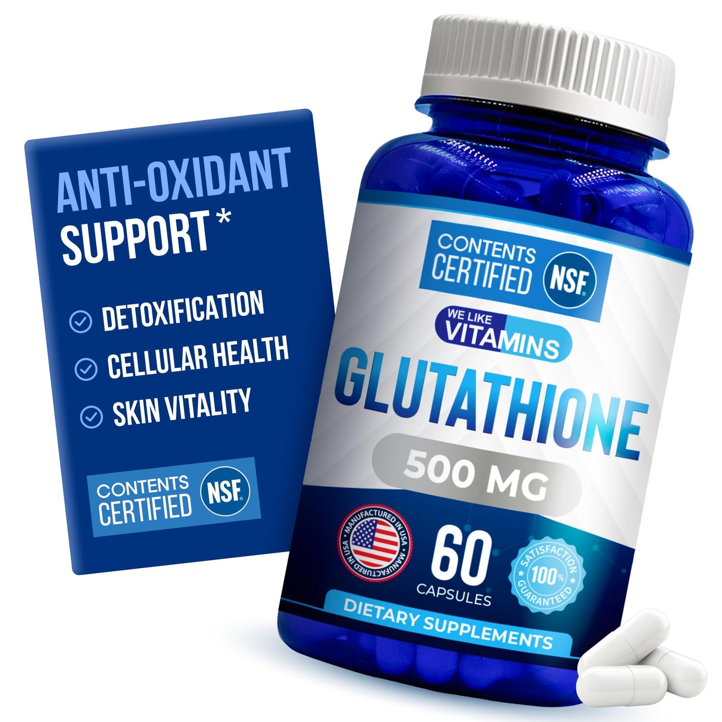 We Like Vitamins NSF Certified Glutathione Supplement 500mg Reduced L-Glutathione Capsule 60 Count