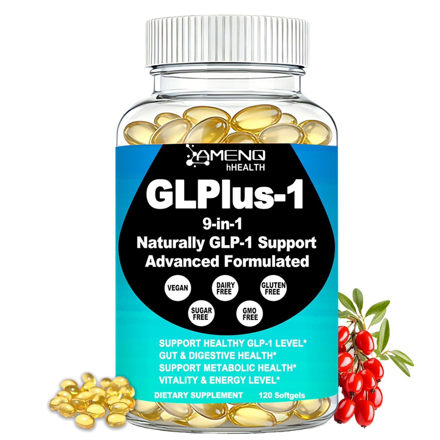 AMENQ hHEALTH Berberine Supplement with Ceylon Cinnamon, Natural GLP & Metabolic Booster Softgel 120 Count