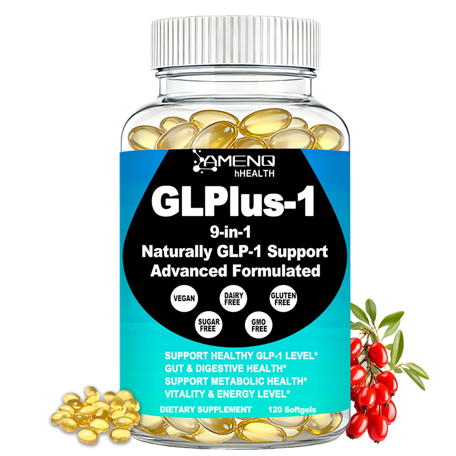 AMENQ hHEALTH Berberine Supplement with Ceylon Cinnamon, Natural GLP & Metabolic Booster Softgel 120 Count