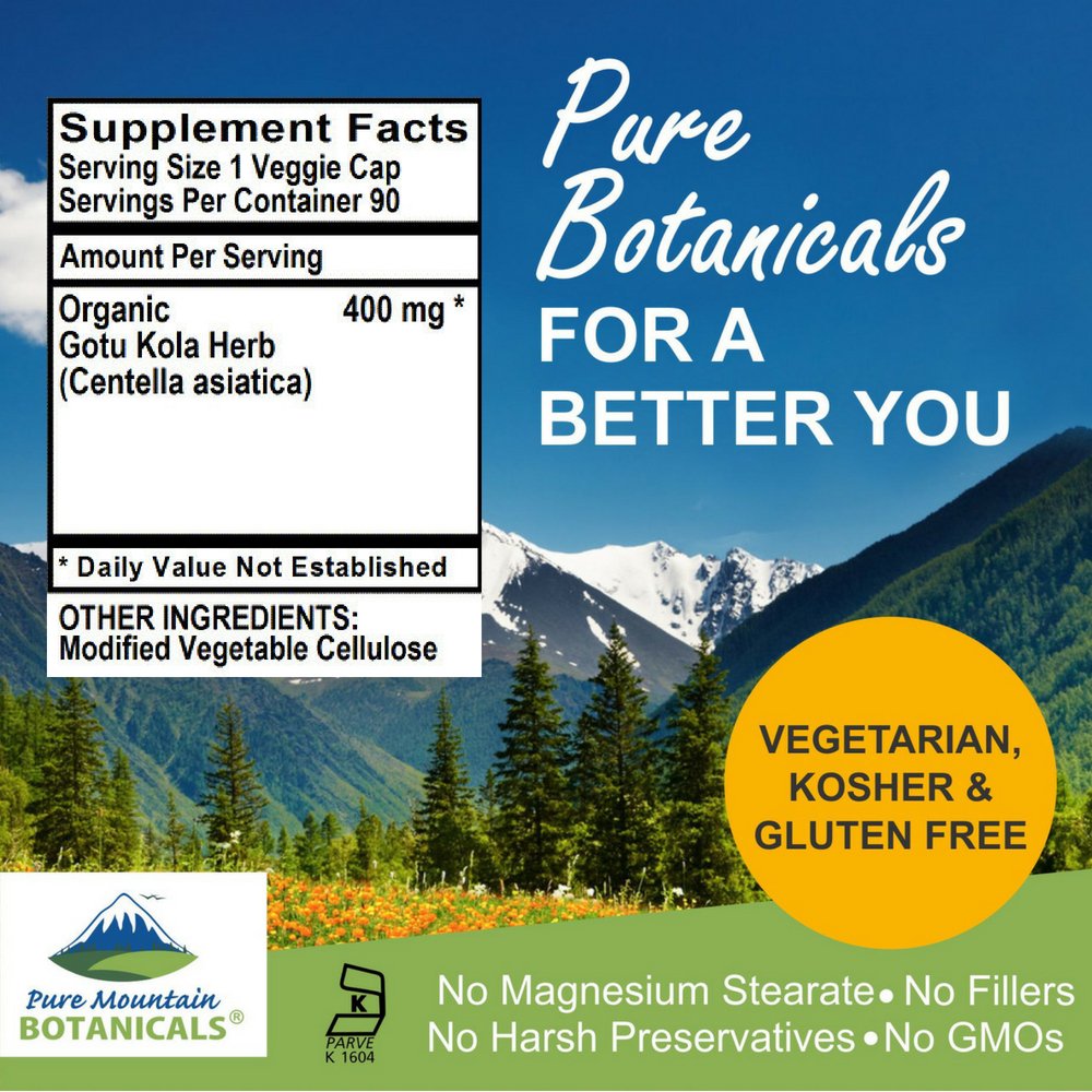 Pure Mountain Botanicals Gotu Kola Capsules with 400mg Organic Centella Asiatica, 90 Count
