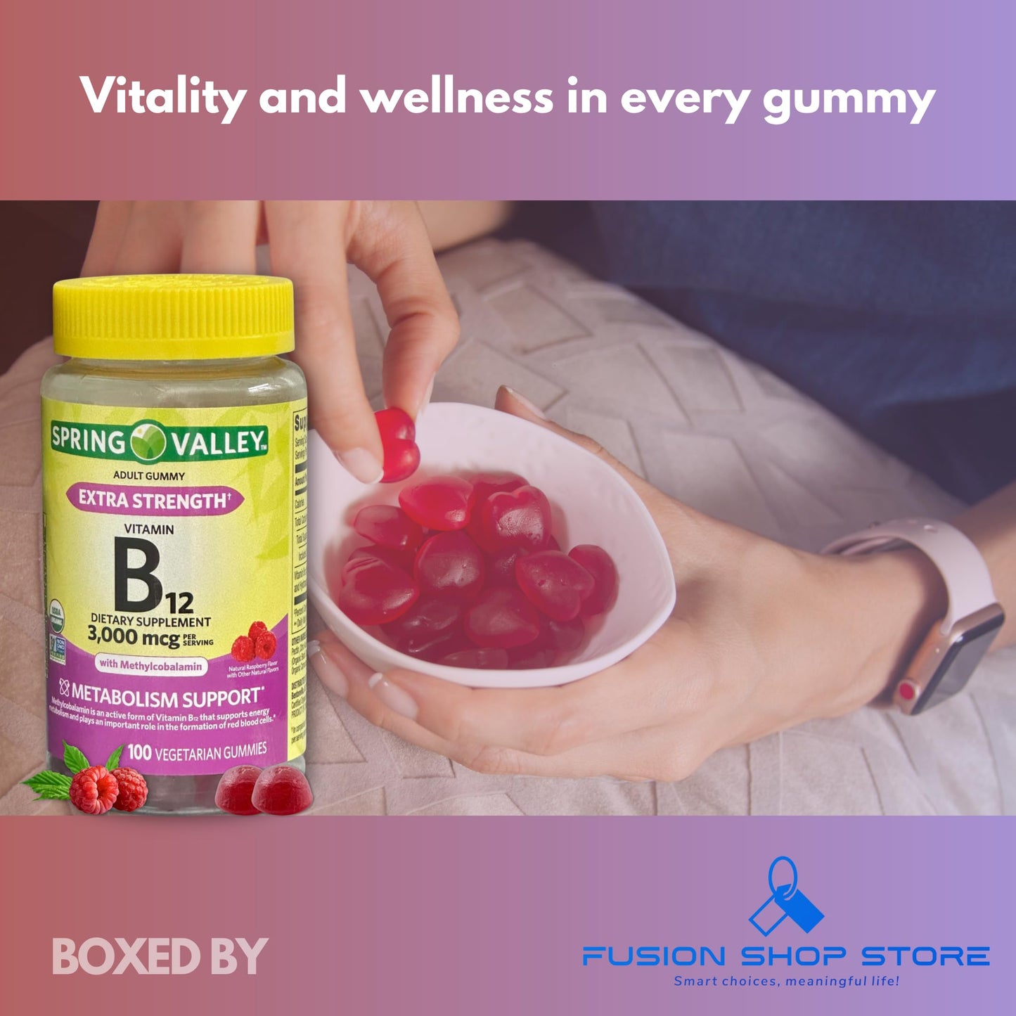 Fusion Shop Store Vitamin B12 Gummies 3,000 mcg Extra Strength, 100 Count
