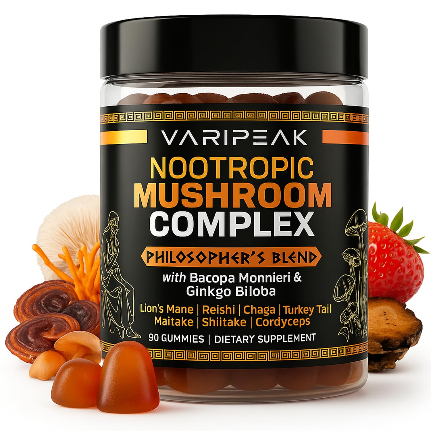 Varipeak 9-In-1 Nootropic Mushroom Gummies with Lion's Mane, Reishi, Chaga, Bacopa Monnieri & Gingko Biloba, 90 Count