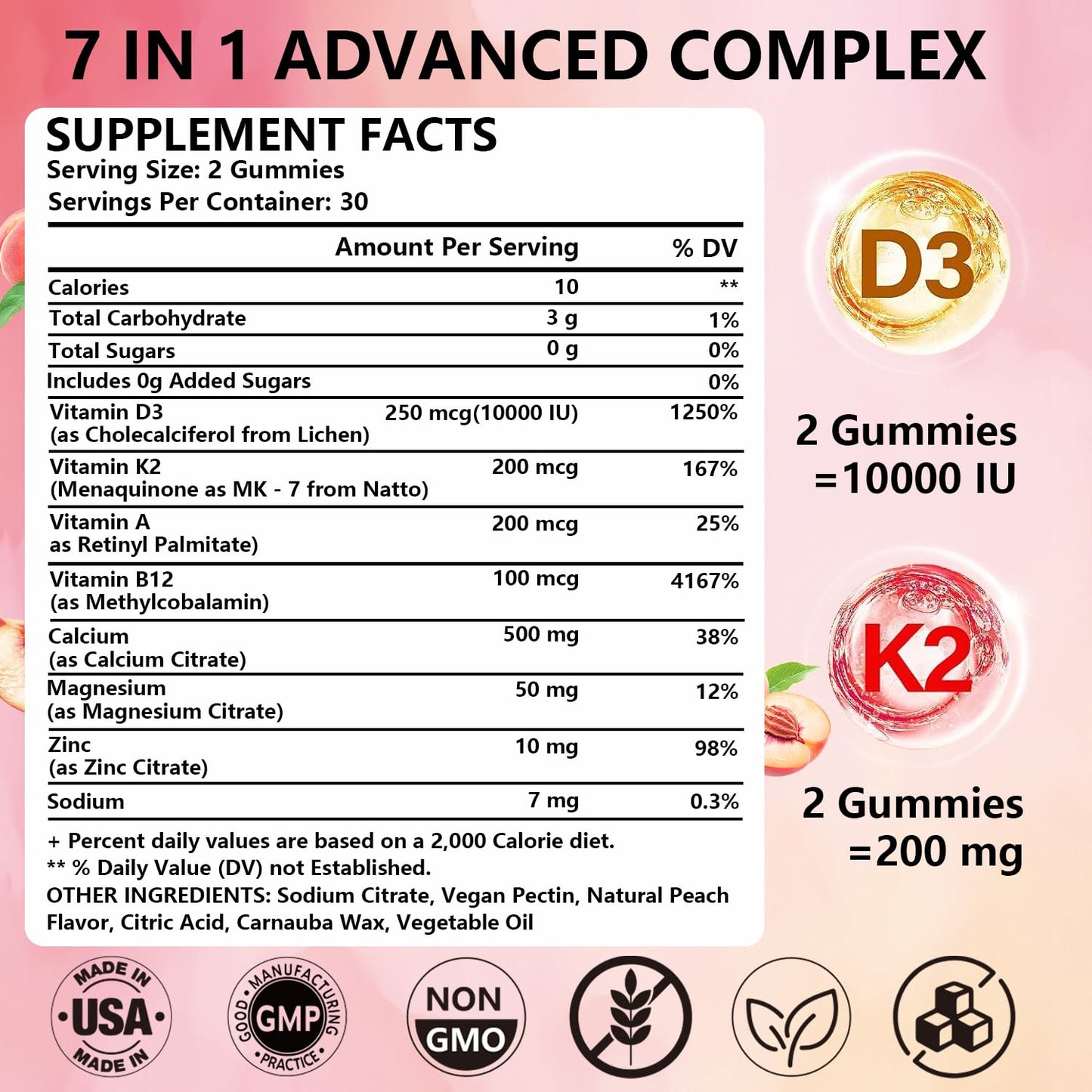 Crasye Vitamin D3 K2 Gummies 10000 IU with 500mg Calcium Magnesium Zinc, Peach Flavor, 60 Gummies
