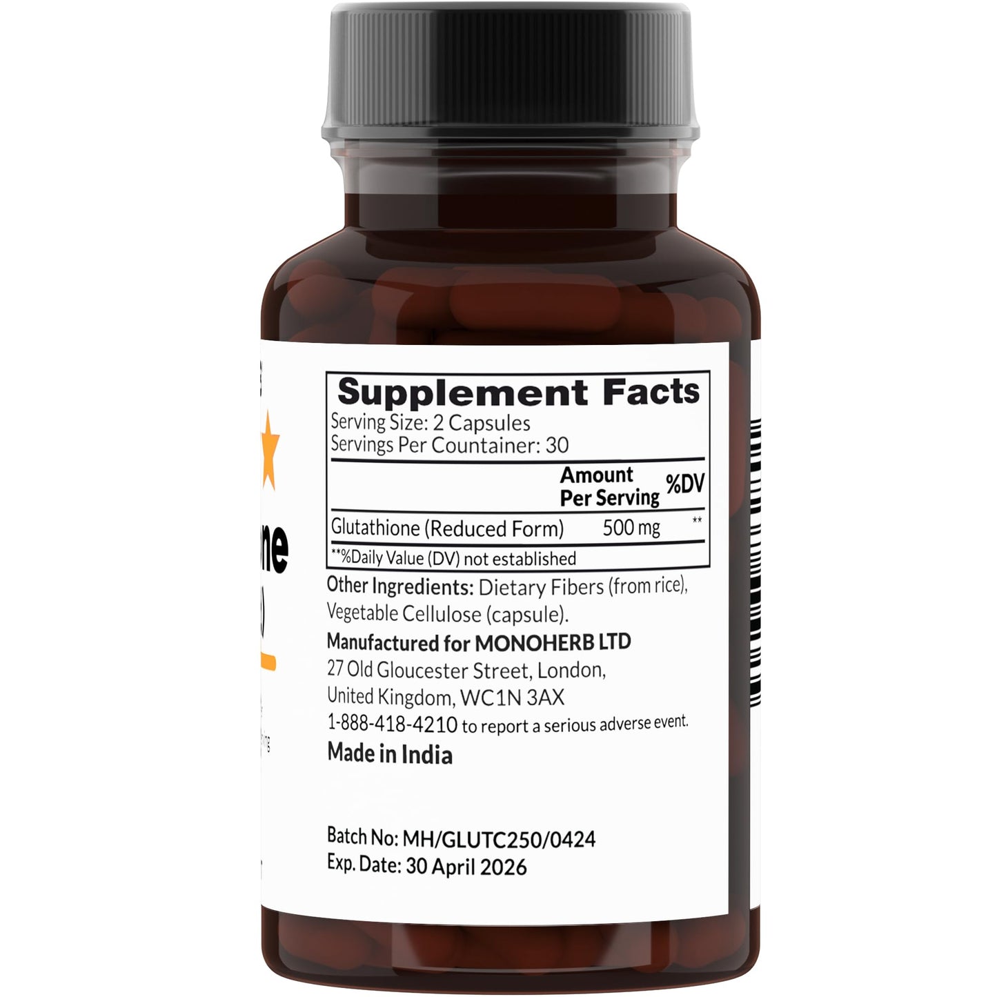 MONOHERB Reduced Glutathione 500 mg Capsules, 60 Count