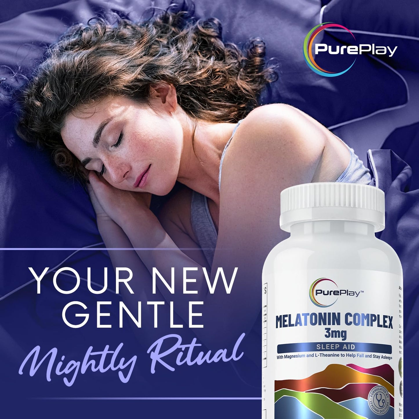 PurePlay Sleep Aids for Adults Melatonin 3mg Complex with Magnesium and Ashwagandha, Non-Habit Forming Sleep Supplement Capsule, 60 Count