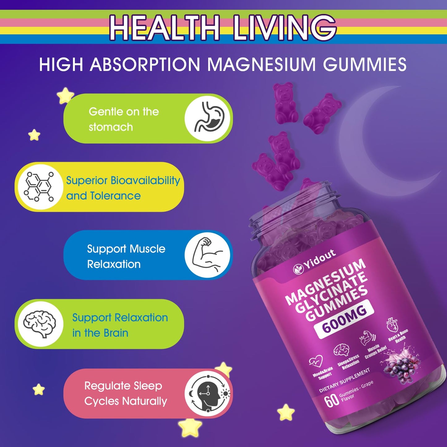 Yidout Magnesium Glycinate Gummies 600mg, 60 Count
