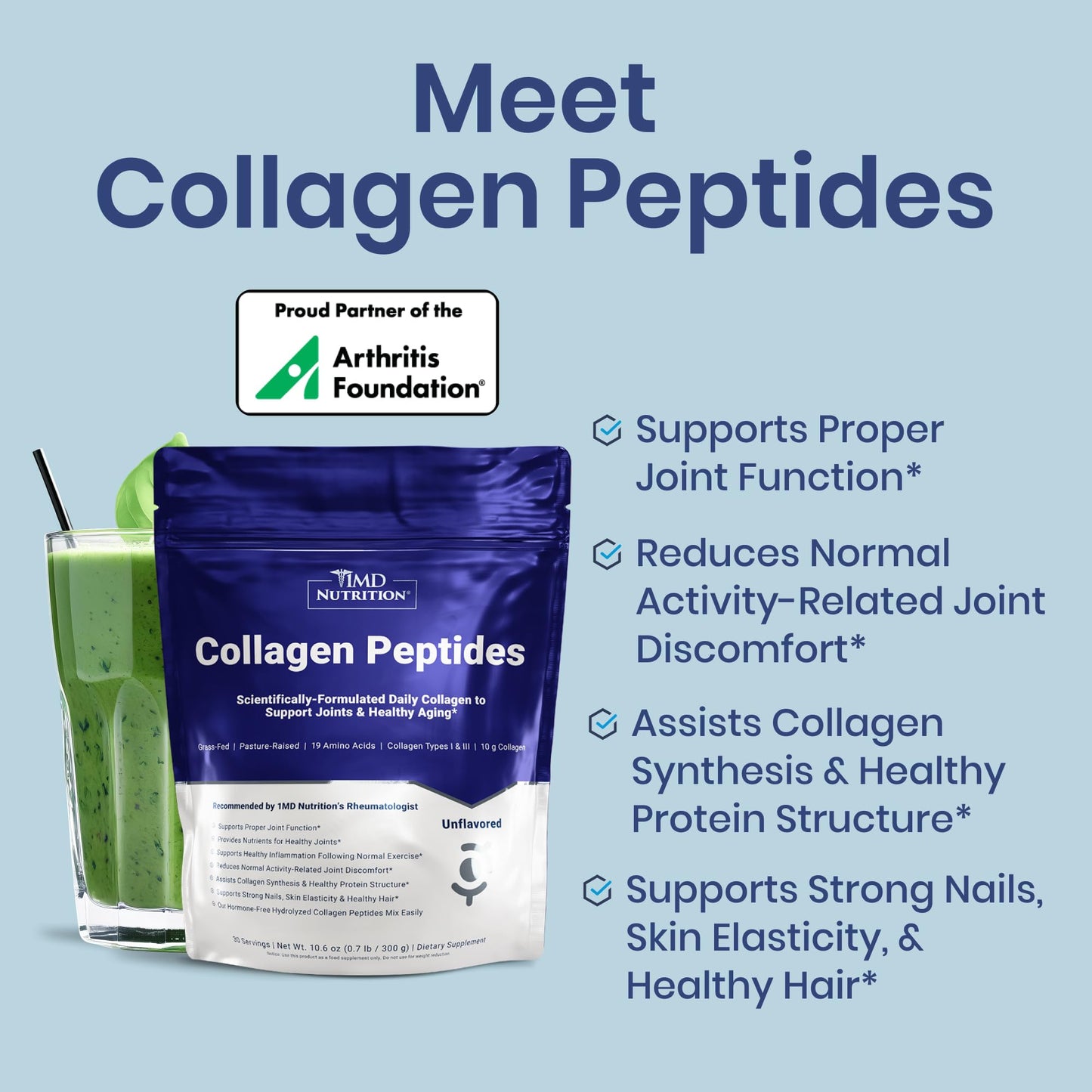 1MD Nutrition Collagen Peptides - Hydrolyzed Collagen Powder Types I & III for Women & Men - Joint, Hair & Nail Support - Unflavored, 10.58 oz