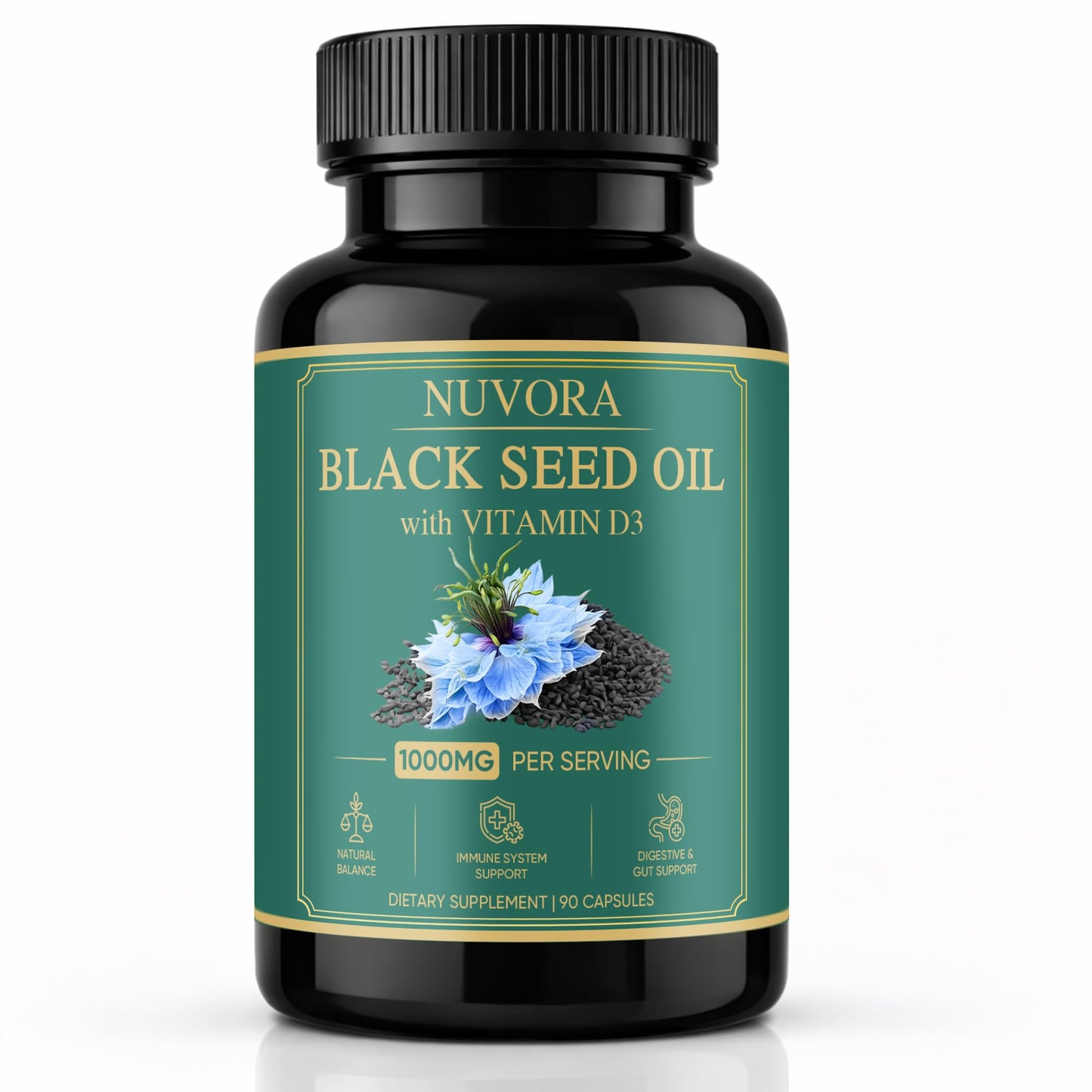 KBKTWOLT Nuvora Black Seed Oil Capsules 1000mg with Turmeric & Black Pepper Extract, Standardized 5% Thymoquinone for Daily Balance & Immune Support, Non-GMO, Gluten-Free 90 Capsules